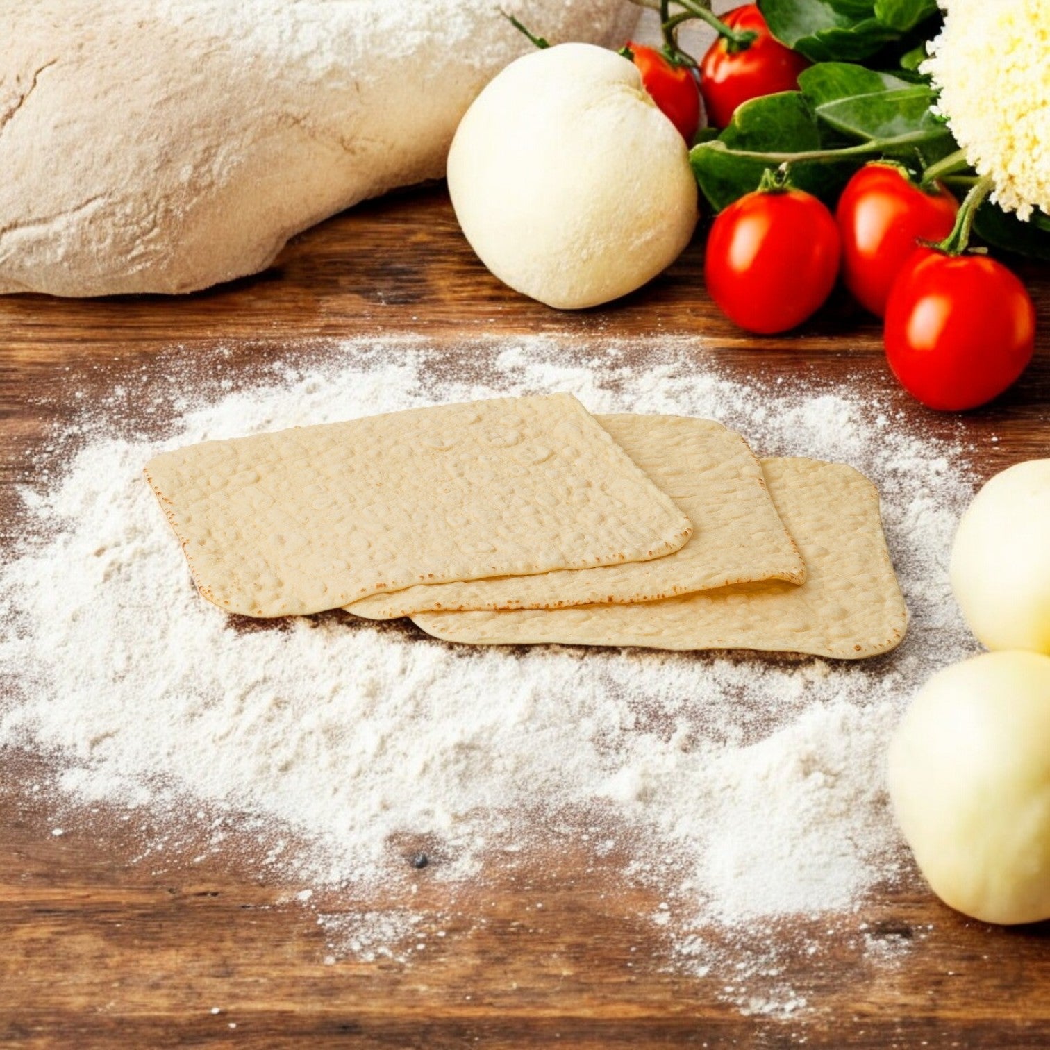 Rich’s Bread Flat Thin Oven Fired dough, small tomatoes, dough balls, and grated cheese rest on a floured wooden surface, ready to transform into delicious delicacies.