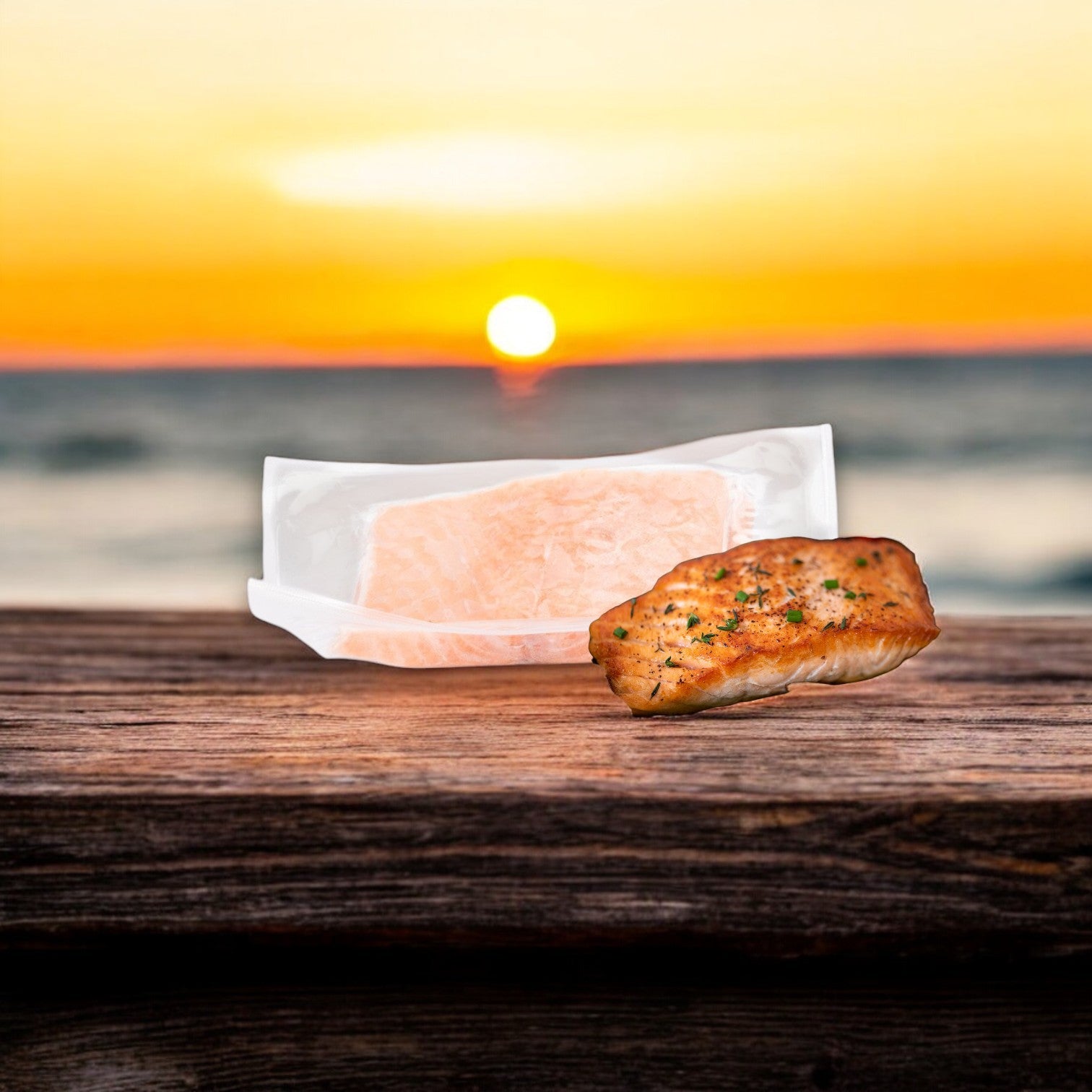 A 4 oz skinless Atlantic Salmon fillet from Portico Classic Seafood sits on wood, embodying Norwegian quality with a sunset backdrop, suggesting Omega-3 richness.