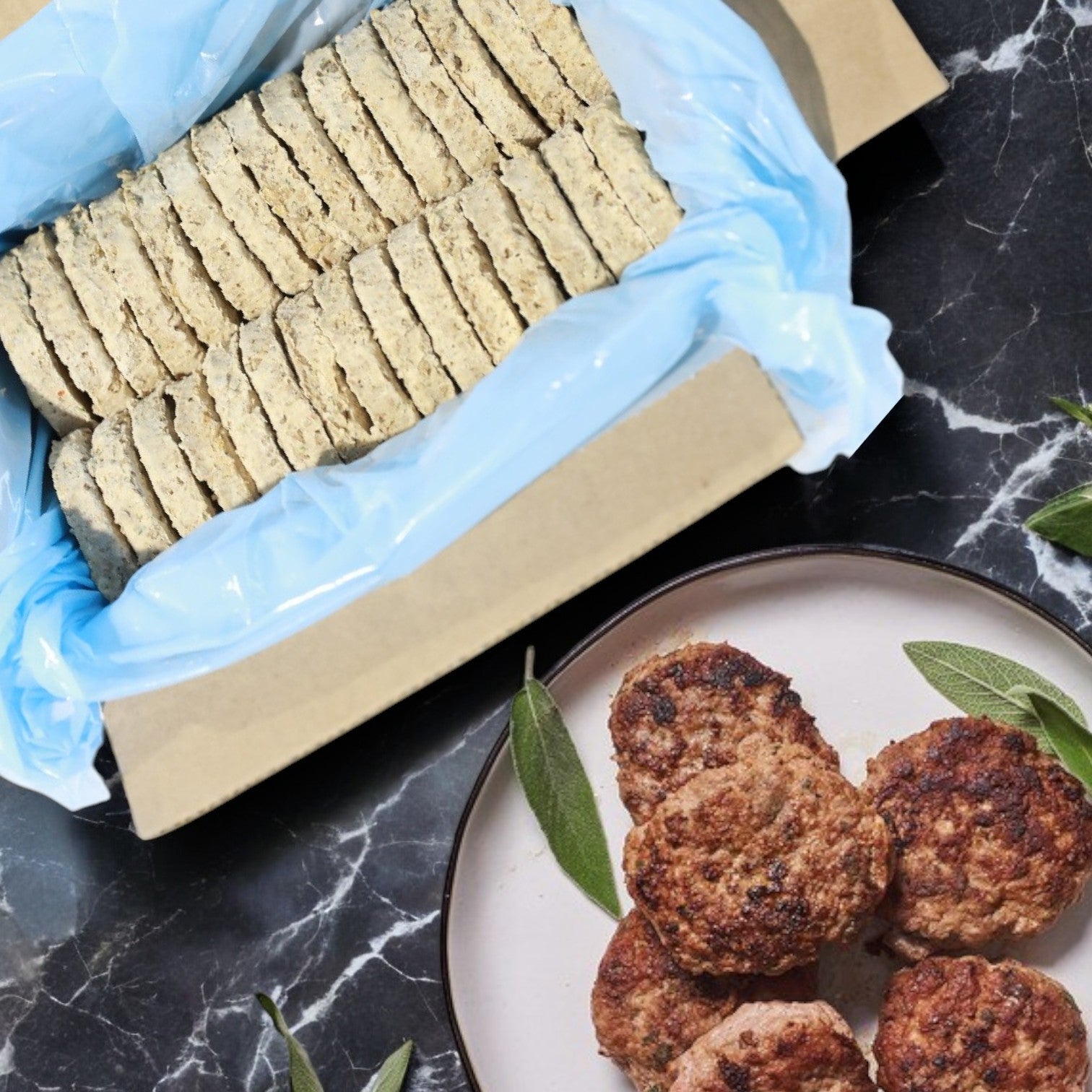 A box of raw Beyond Meat Sausage Breakfast Patties is partially covered with a blue liner. A white plate on a dark marble surface holds cooked Vegan Breakfast Patties from Beyond Meat, garnished with sage leaves.