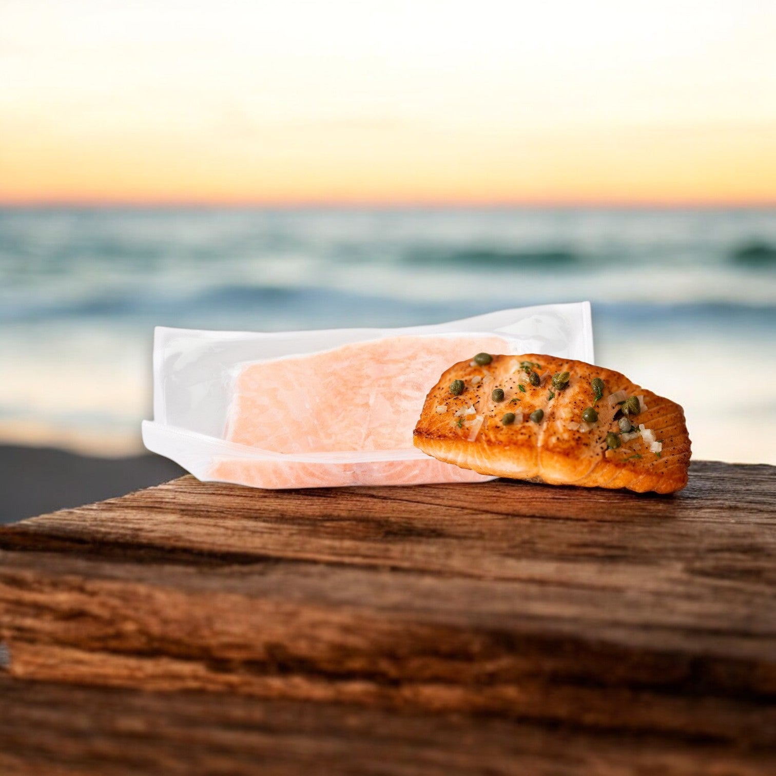 A 6 oz. portion of Portico Classic Seafood's Norwegian Atlantic Salmon rests on a wooden surface by the beach at sunset, offering omega-3-rich nourishment for heart health.