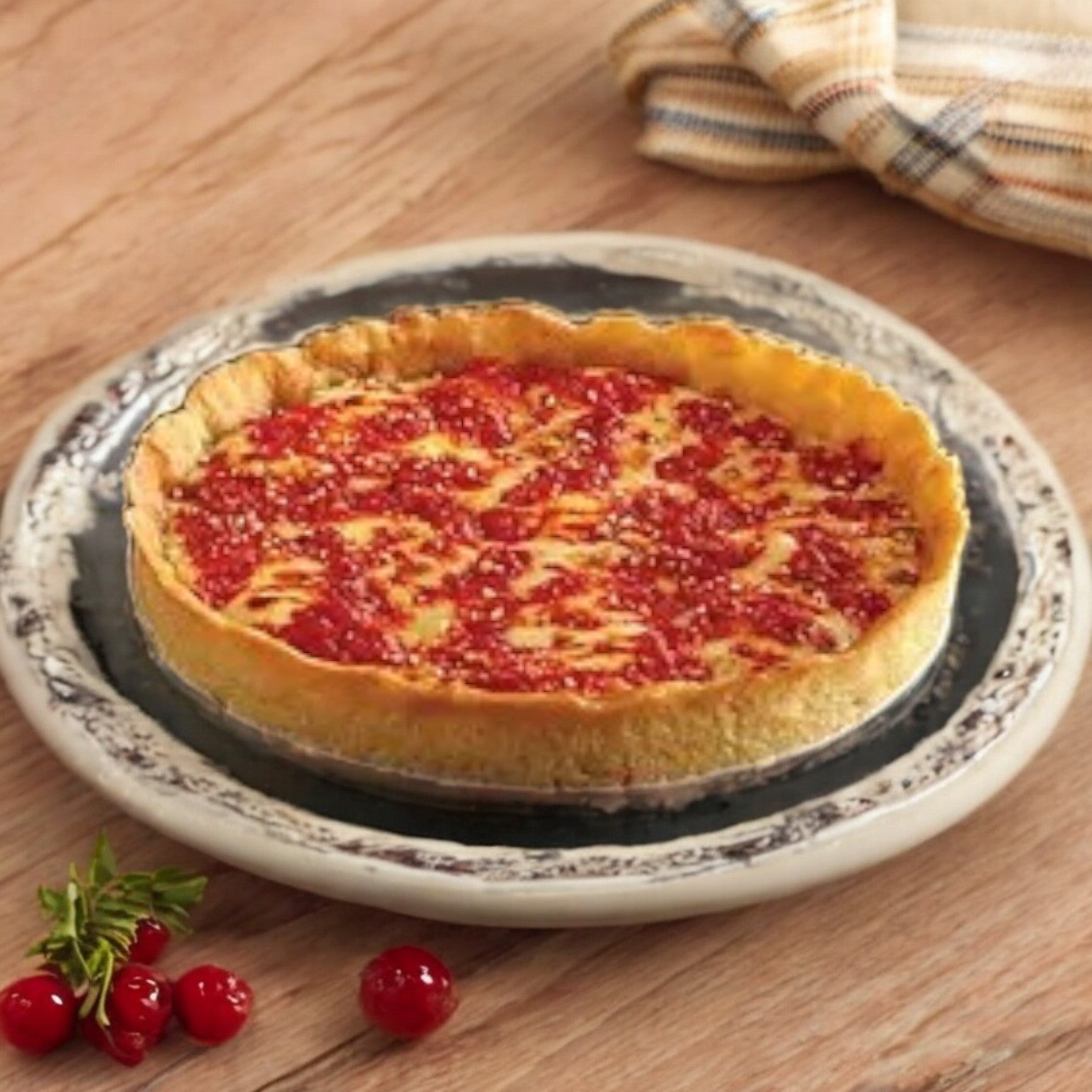 A Lou Malnati's Gluten Free Cheese Pizza Deep Dish, weighing 25.75 oz, sits on a ceramic plate. Garnished with ripe berries and herbs, it rests on a wooden table with a checkered cloth, inviting you to indulge.