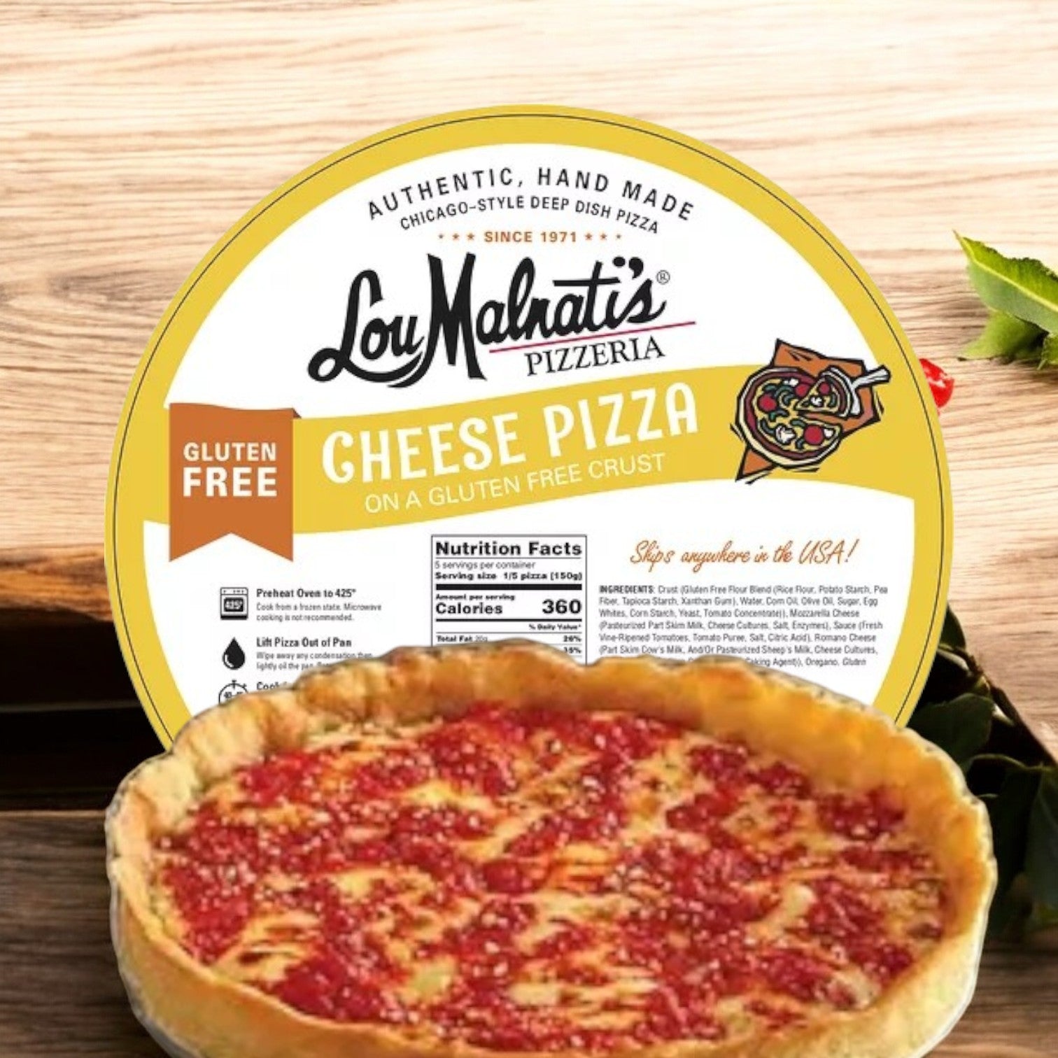 Enjoy the iconic taste of Lou Malnati's Gluten Free Cheese Pizza Deep Dish, 25.75 oz., with convenient nutritional facts included on the packaging.
