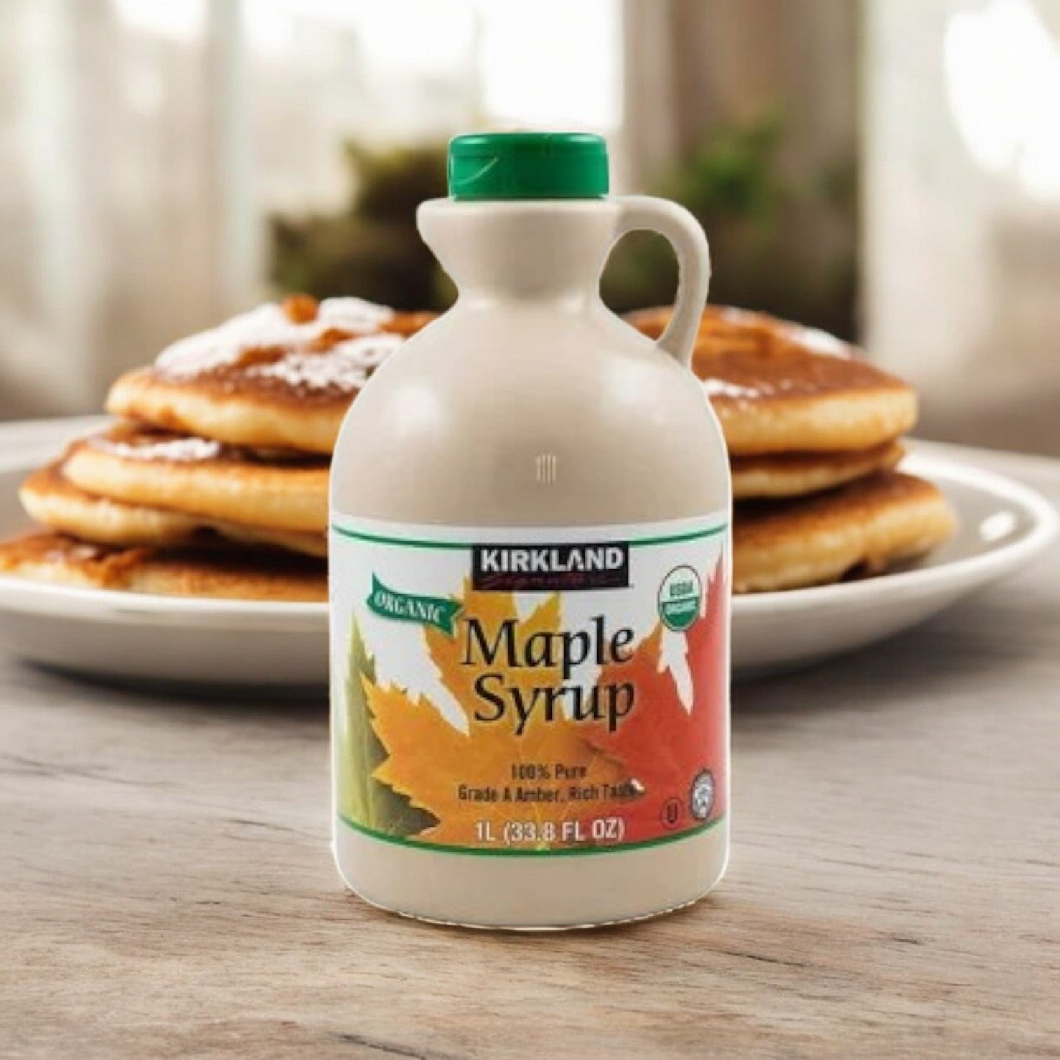 A bottle of Kirkland Signature Organic Pure Maple Syrup - 1 Count is prominently displayed in the foreground, while butter-topped pancakes are gently blurred in the background.