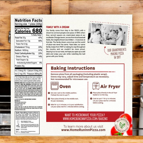 The back of the Home Run Inn Pizza Variety Pack showcases everything you need to know about our Classic Cheese Pizza, including nutrition facts, baking instructions, and a heartwarming family story from the 1920s. For inquiries, please find our contact info.