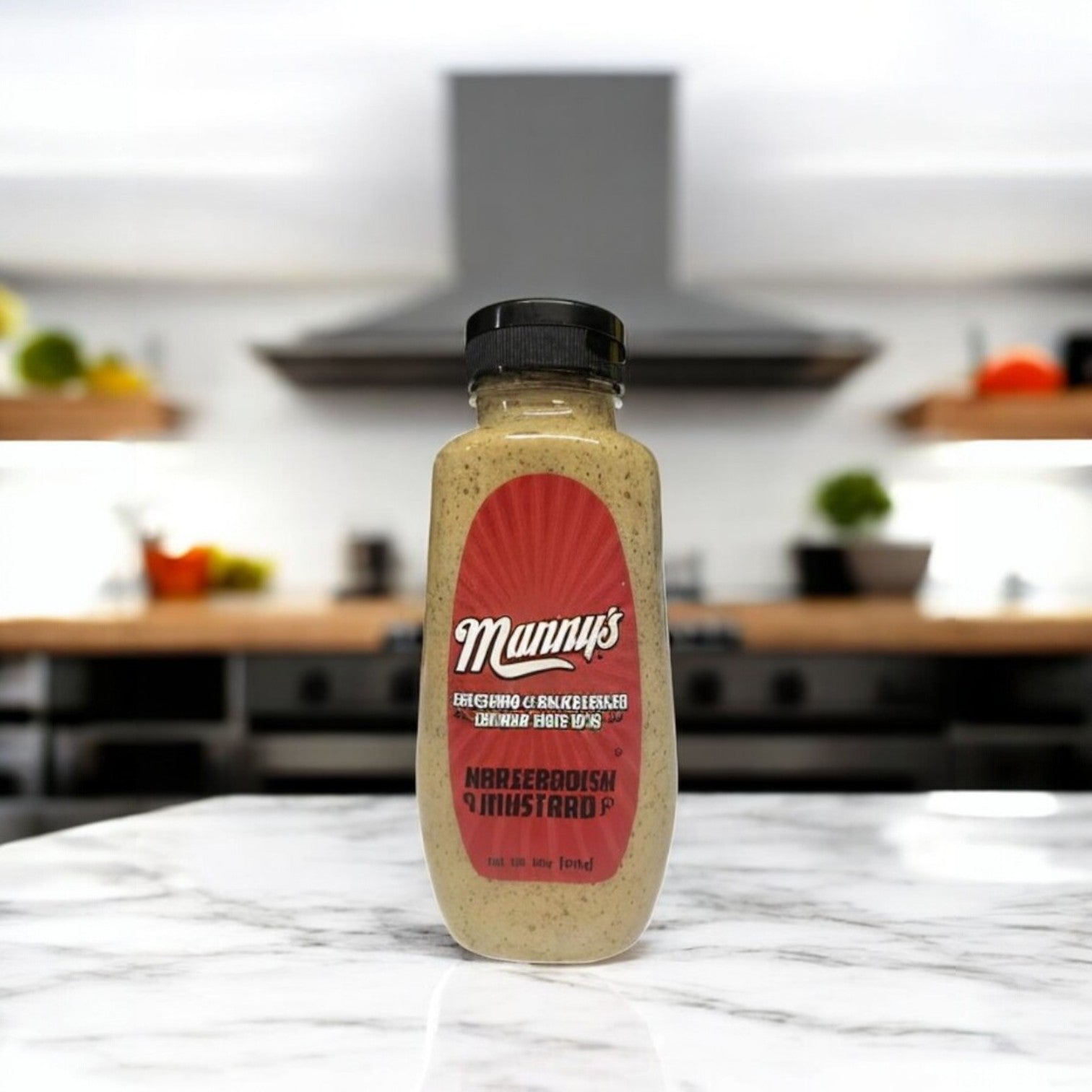 Manny's Deli 4 Count Combo! sits on a marble countertop, ideal for adding a spicy kick to Chicago deli favorites like corned beef or pastrami. Blurred kitchen shelves and a stove in the background suggest delicious creations in progress.