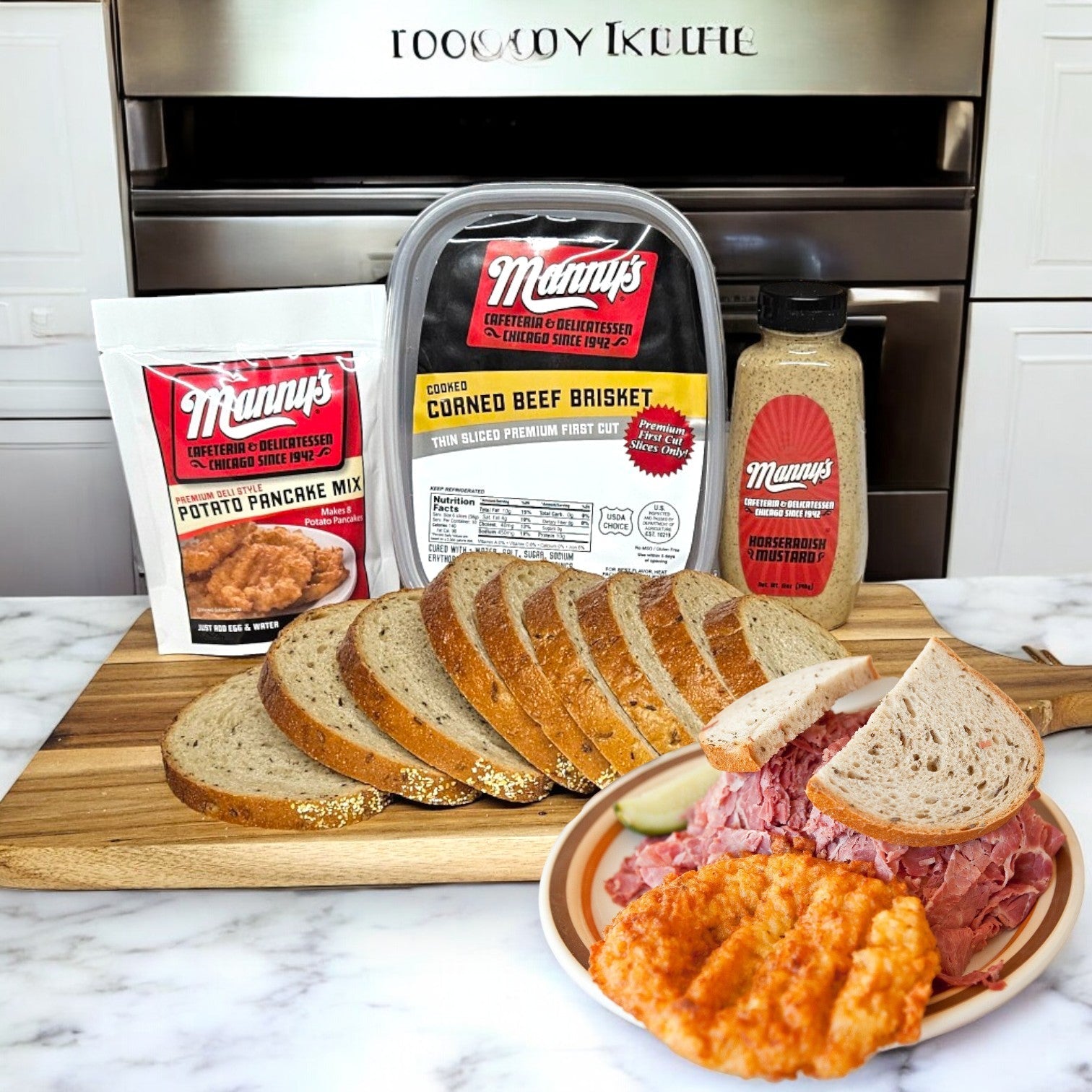 In a cozy kitchen setting, Manny's Deli 4 Count Combo from Manny's features rye bread slices, a package of corned beef brisket, potato pancake mix, and mustard bottle on a wooden board, creating the perfect Chicago deli-style corned beef sandwich with crispy potato pancakes.