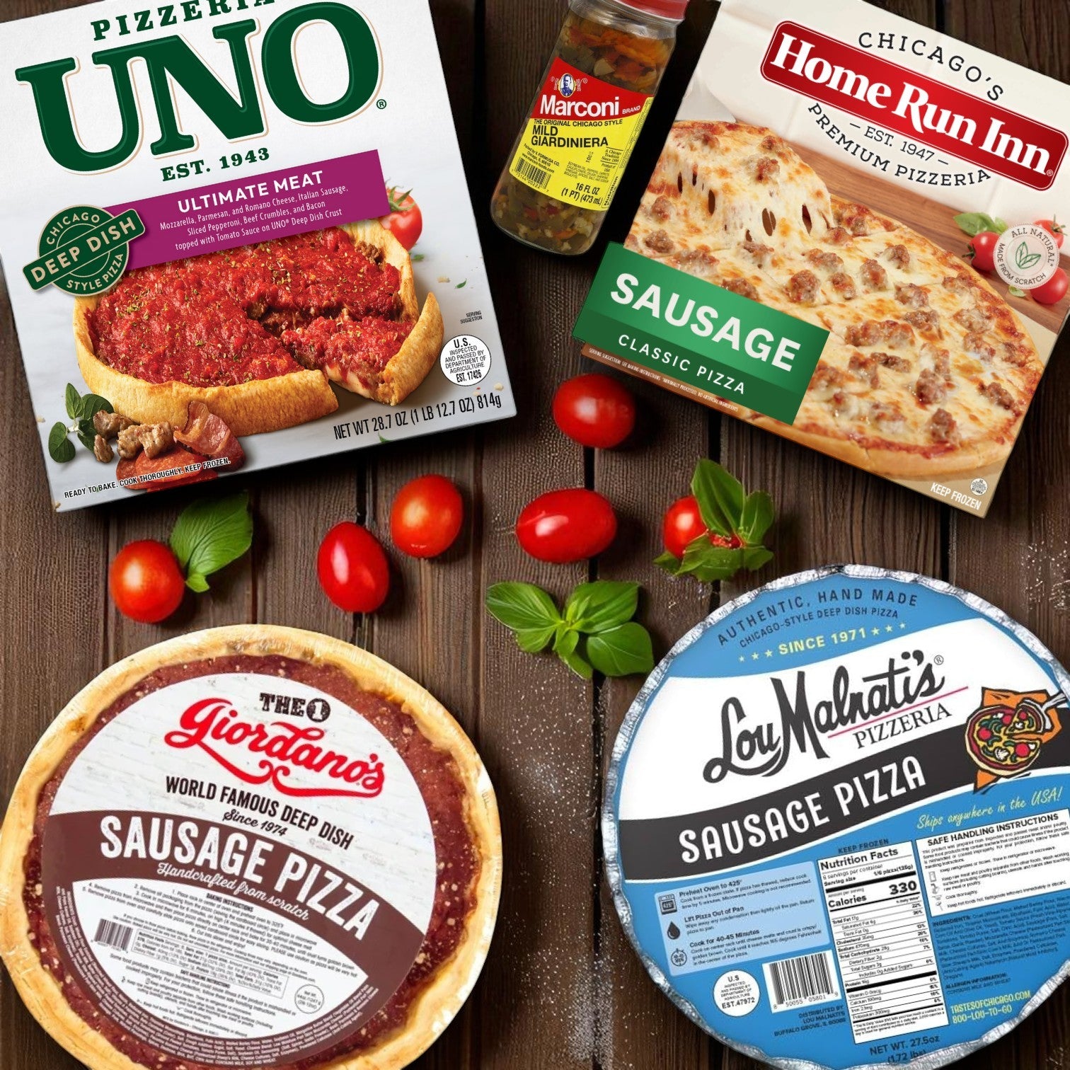 Chicago Sausage Pizza Lovers Bundle – Home Run Inn, Giordano’s, Lou Malnati’s, Uno, & Marconi Giardiniera