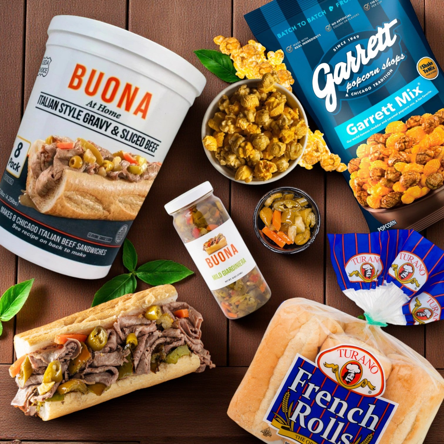 Buona Italian Beef & Garrett Popcorn Combo – Giardiniera, Gravy & Beef, Turano Rolls, and Garrett Mix