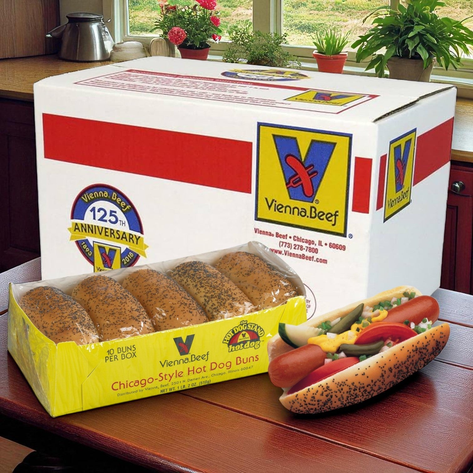 Vienna Beef Hot Dog Party Pack – 60 Count Hot Dogs & 6 Packs of Poppy Seed Buns