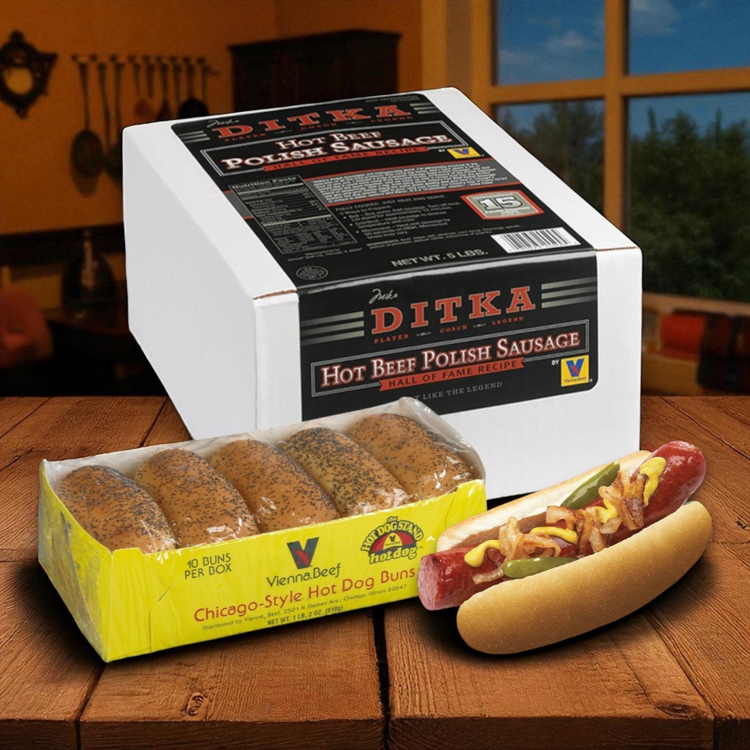Vienna Beef Ditka’s Hot Polish Sausage & Poppy Seed Bun Pack-15 Sausages and 20 Buns!