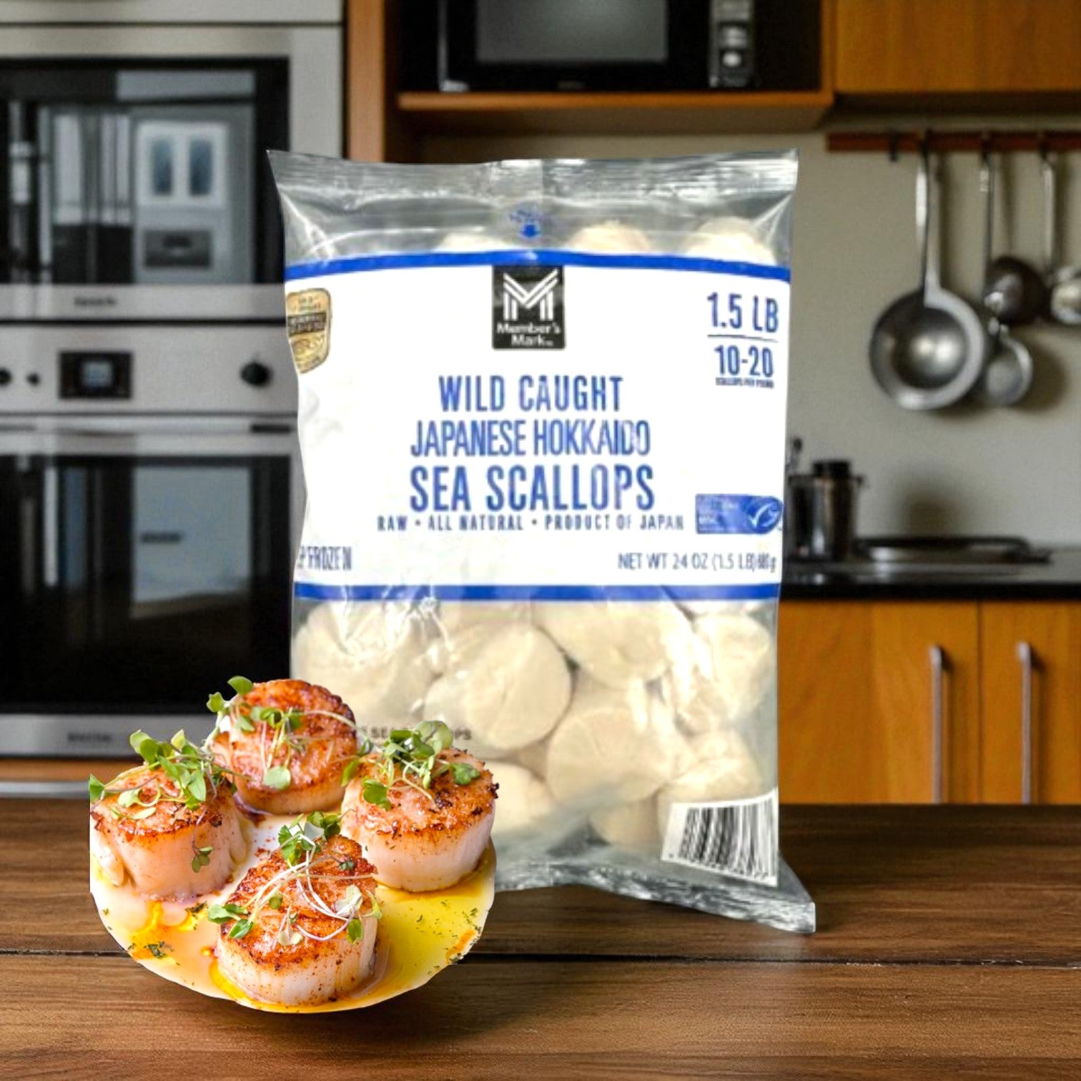 Member's Mark Wild Caught Sea Scallops, Frozen, 10-20 Count- 1.5 Ibs