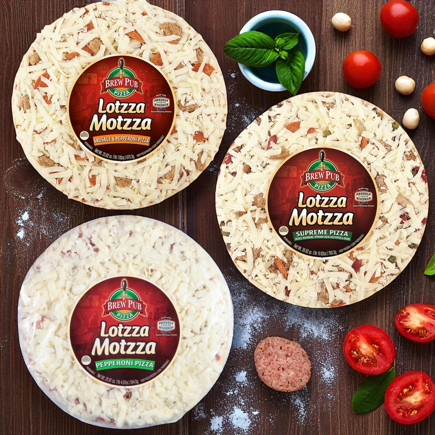 Brew Pub Lotzza Motzza Pizza 3-Pack – Sausage & Pepperoni, Supreme, and Pepperoni
