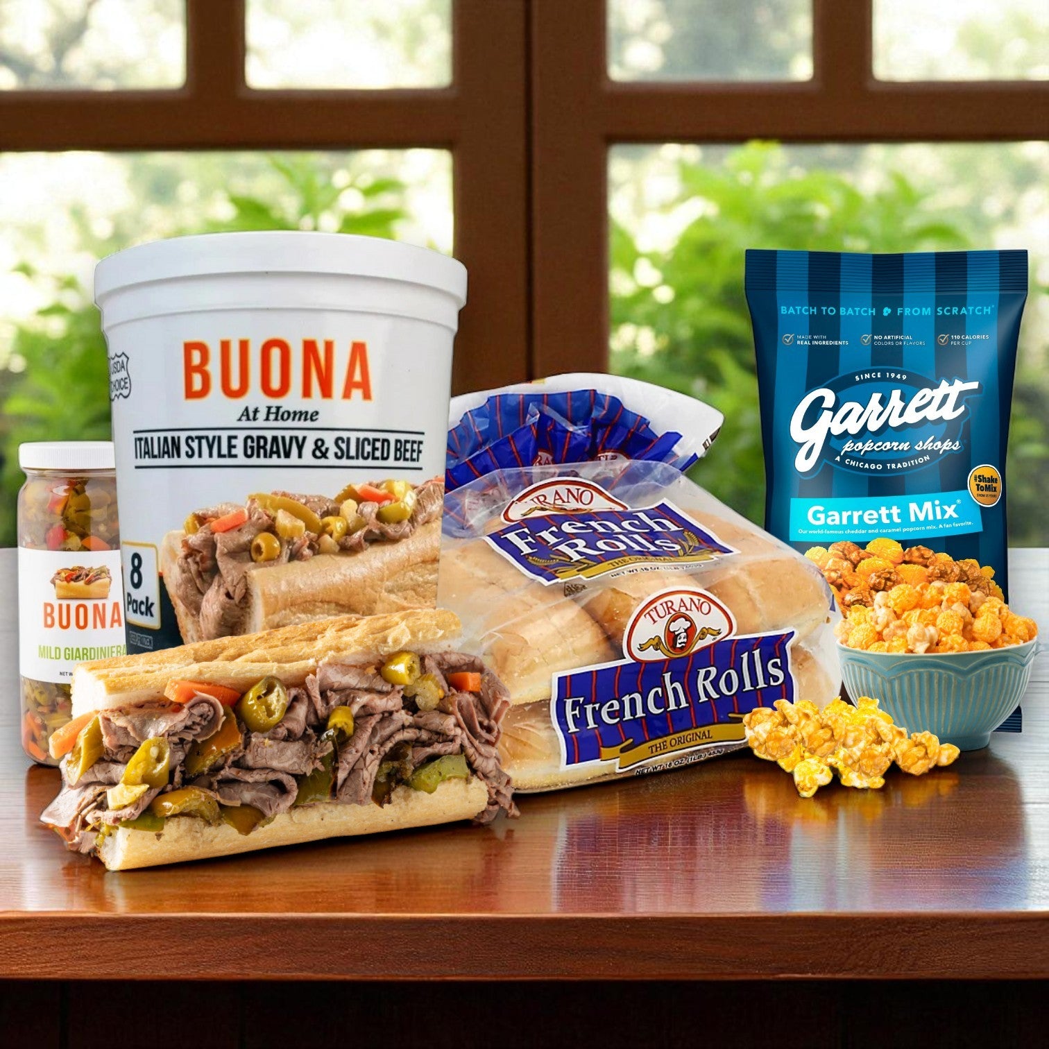 Buona Italian Beef & Garrett Popcorn Combo – Giardiniera, Gravy & Beef, Turano Rolls, and Garrett Mix
