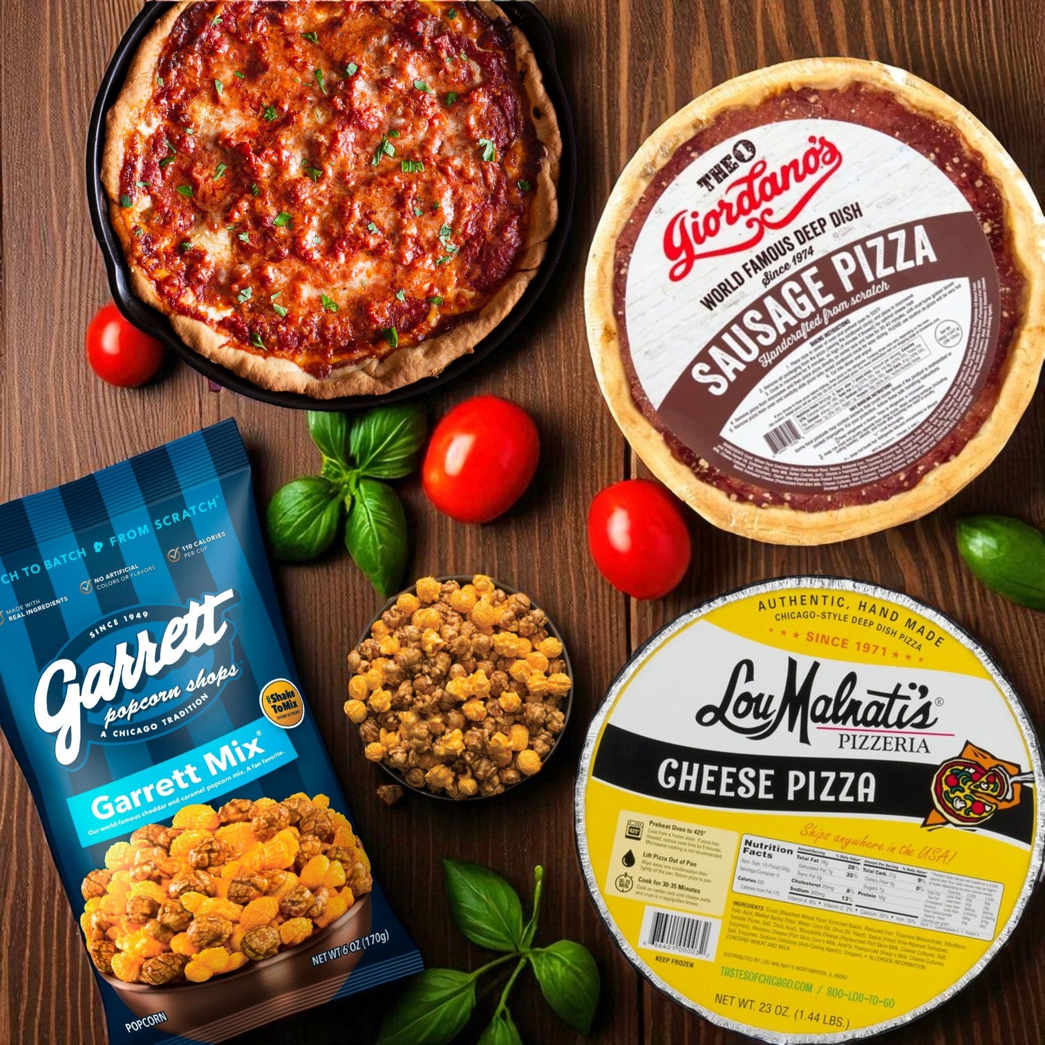 Chicago Classics Trio – Lou Malnati’s Cheese Deep Dish, Giordano’s Sausage Deep Dish & Garrett Popcorn Mix