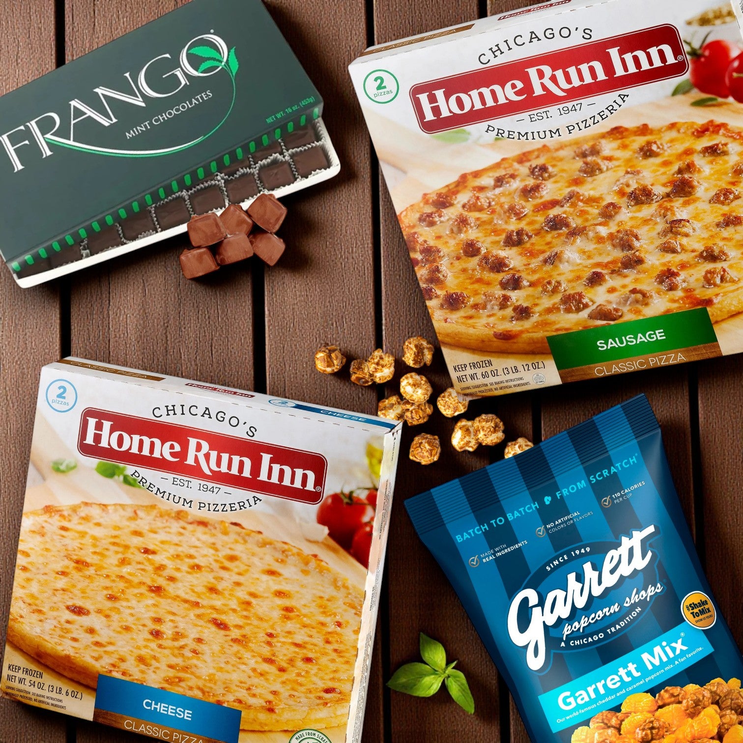 Chicago Favorites Bundle – Garrett Popcorn, Frango Mint Chocolates & Home Run Inn Pizzas