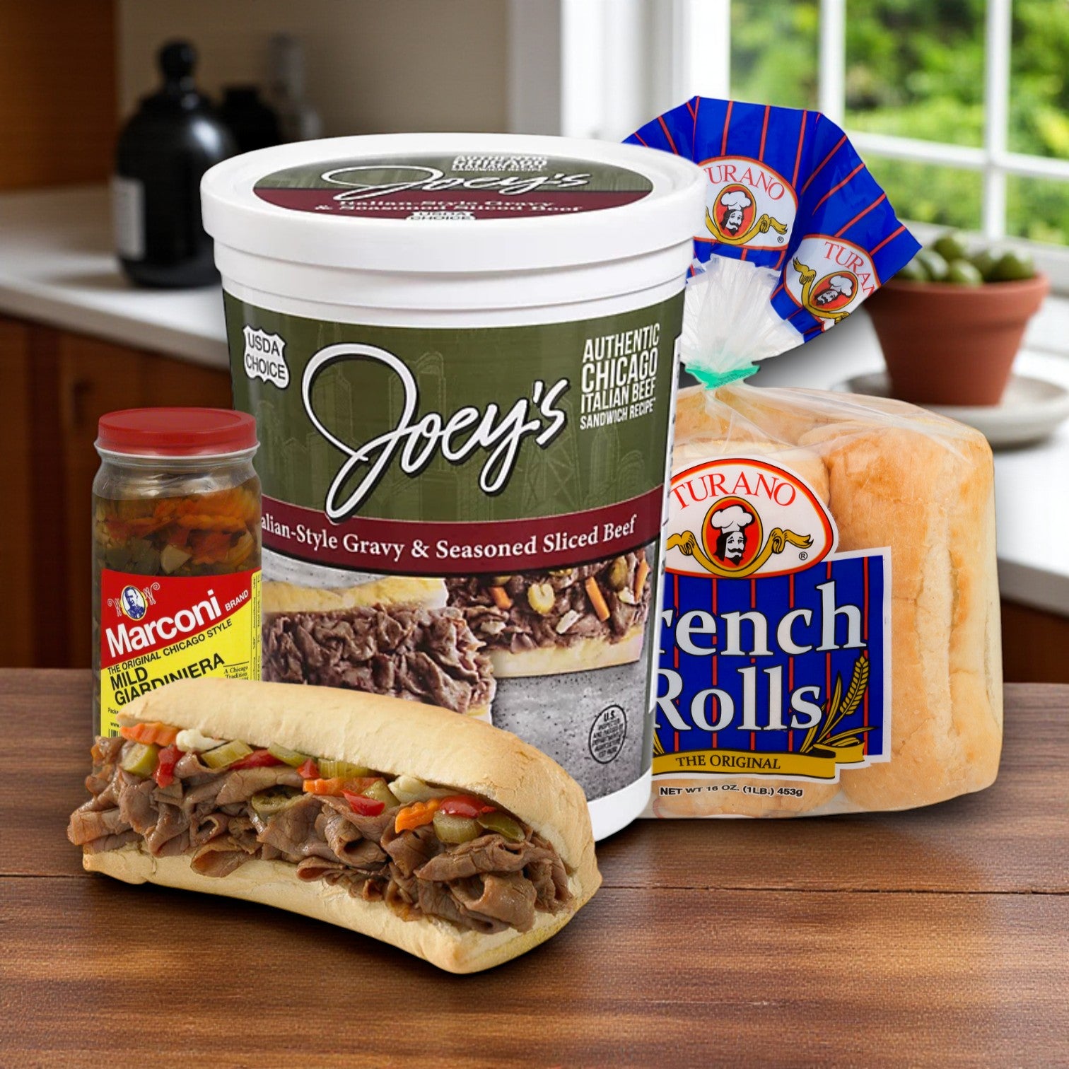 Chicago Italian Beef Sandwich Kit – Joey’s Beef, Turano Rolls & Marconi Giardiniera