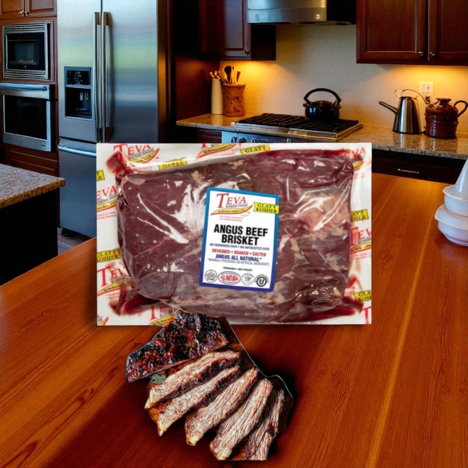 A package of Teva Kosher Foods Teva Glatt Kosher Angus Beef Brisket (2.78 lb, 1 case) rests on a kitchen counter, with sliced cooked brisket in front, set in a modern kitchen.