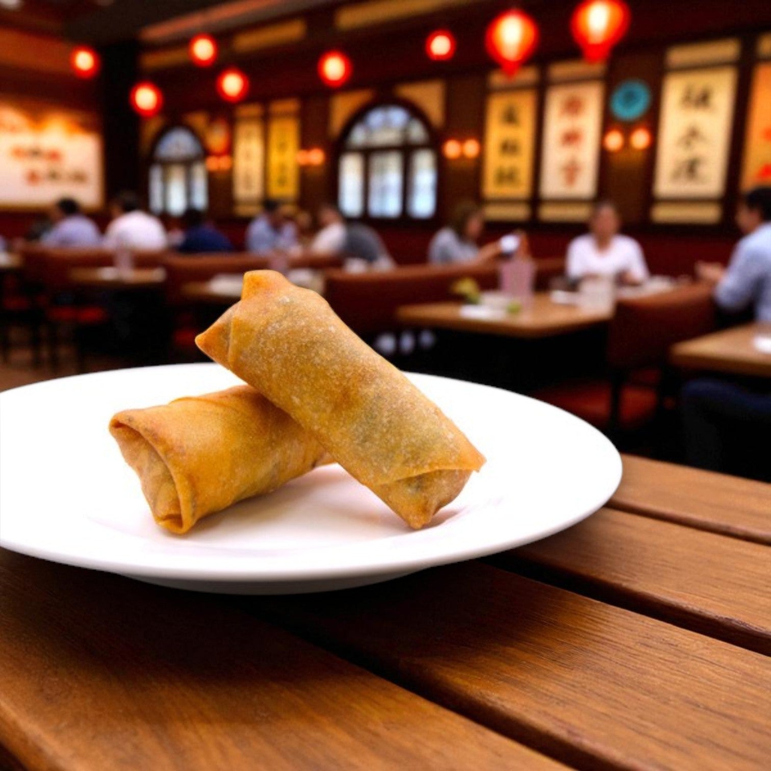 Two Van Lang Chicken Spring Rolls, from a 200-count frozen pack, sit on a white plate atop a wooden table in a restaurant with red lanterns and diners visible in the background.