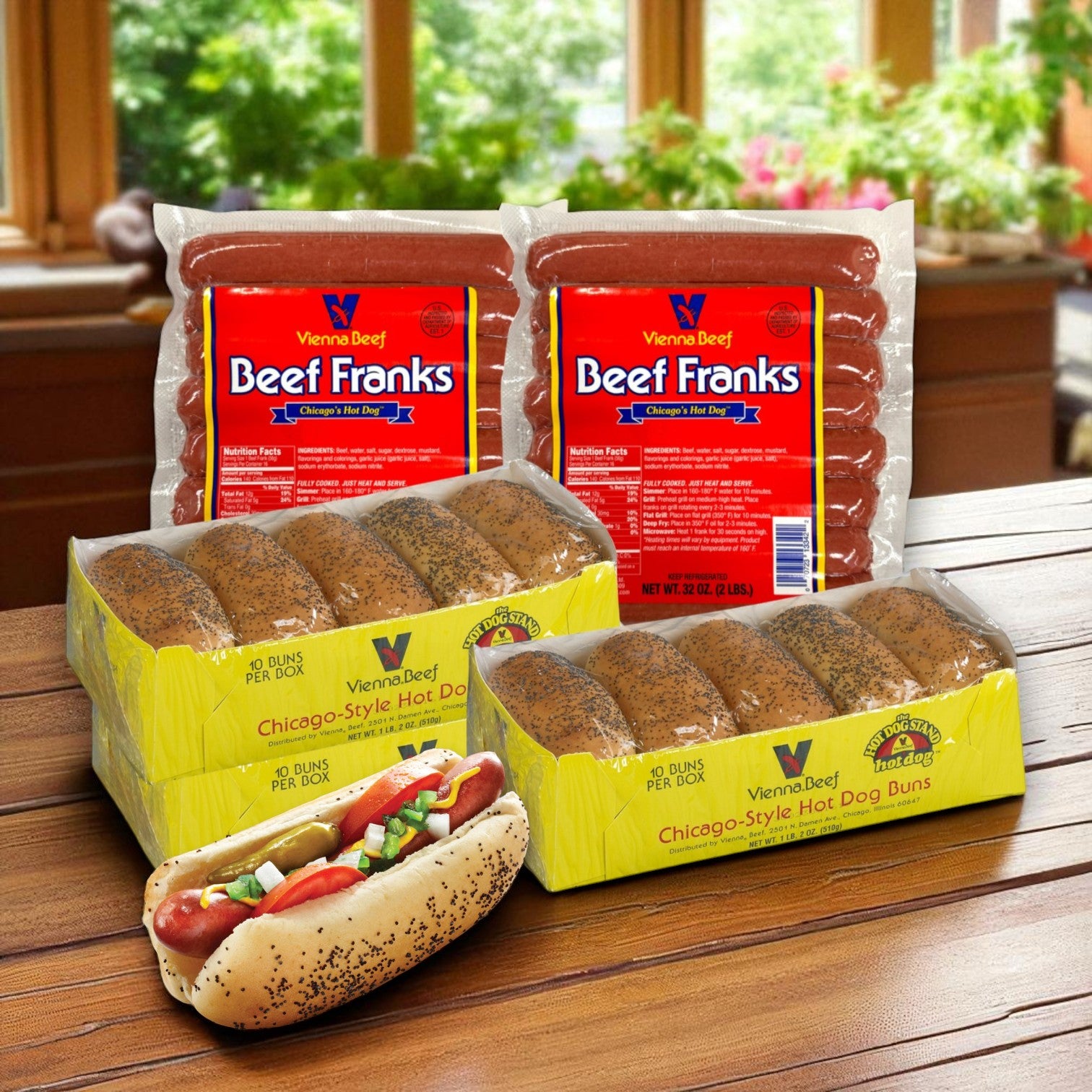 Vienna Beef Franks & Poppy Seed Bun Combo – 32 Franks & 30 Buns by Vienna Beef shown on a wooden table, with a classic Chicago-style hot dog in a poppy seed bun featured in the foreground.