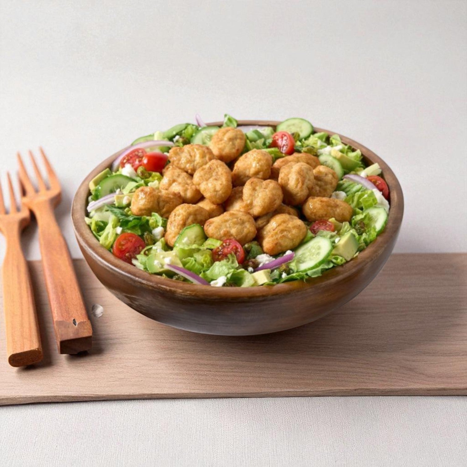 A wooden bowl of salad with lettuce, cherry tomatoes, cucumbers, red onion, feta cheese, and Endless Market Tyson Simple Ingredient Chicken Nuggets (Frozen, 3 lbs), set on a wooden board with two wooden forks beside it.