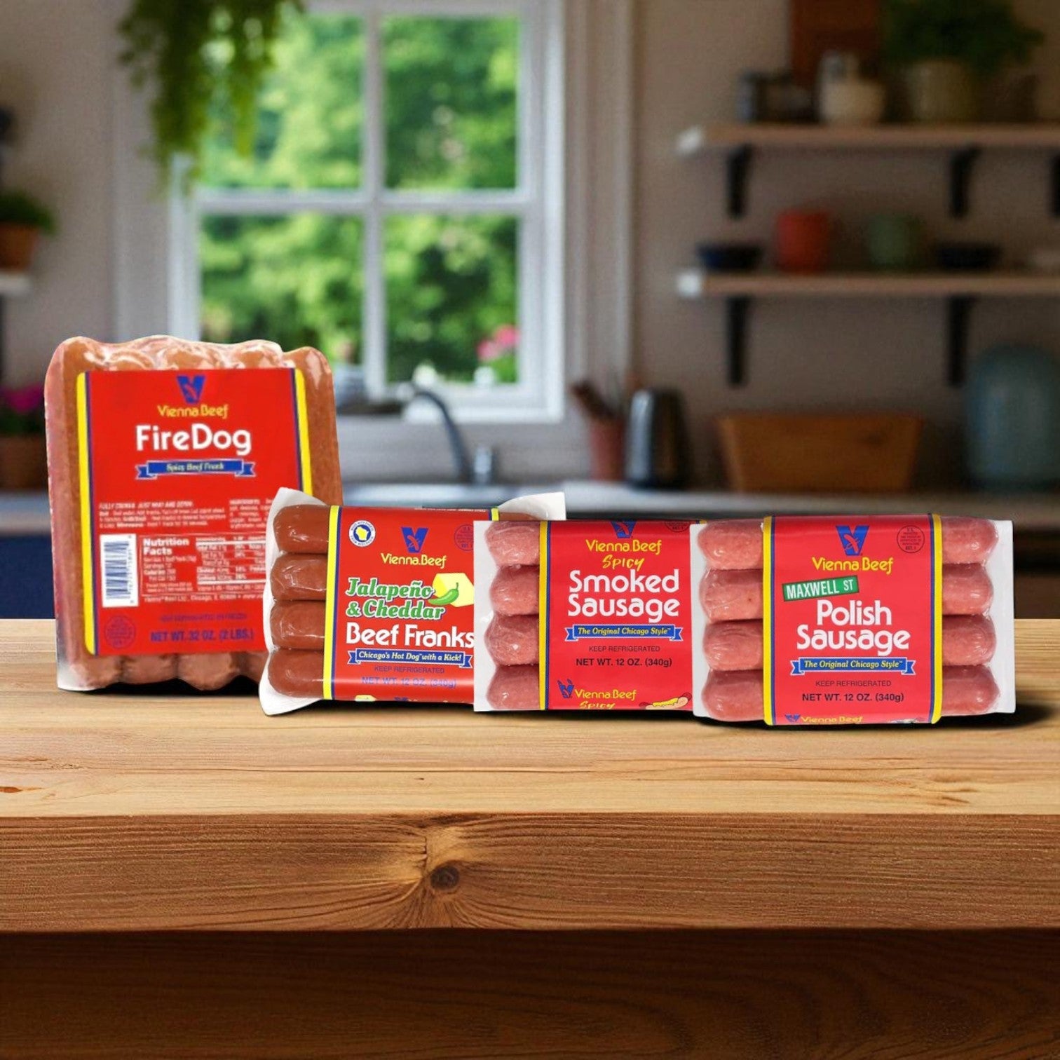 The Vienna Beef Chicago-Style Hot Dog Complete Kit with classic toppings is displayed on a kitchen counter.