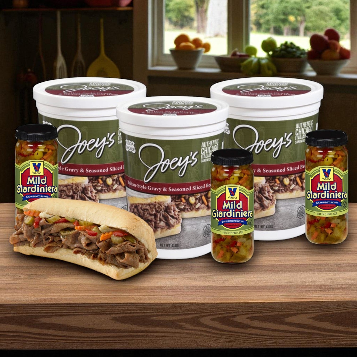 The Endless Market Joey’s Italian-Style Sliced Beef & Vienna Beef Giardiniera Combo is displayed on a wooden table.