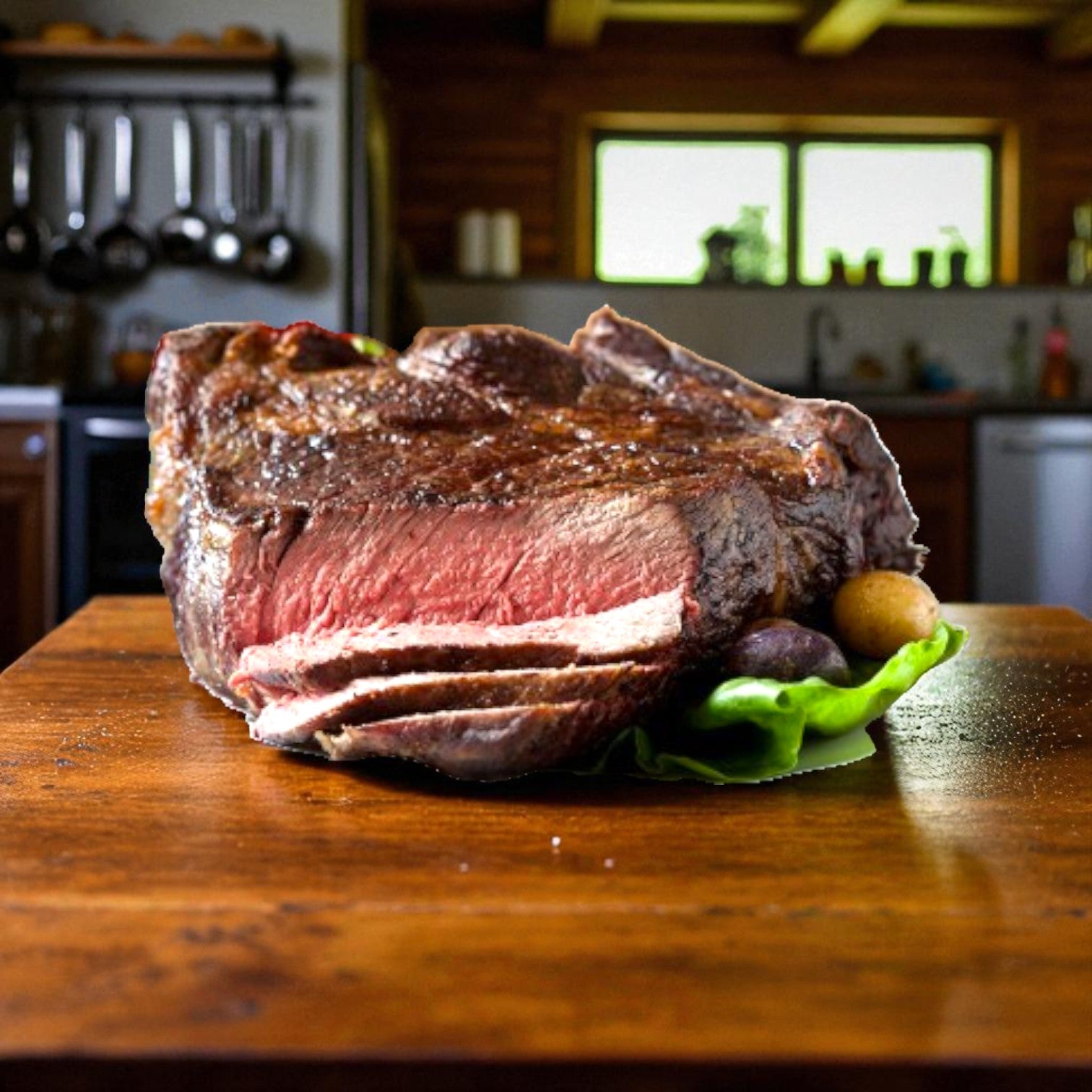 A thick, rare-cooked Teva Kosher Foods Glatt Kosher Angus Beef Chuck Roast (3.5 lb avg.) rests on a wooden table with potatoes and lettuce in a rustic kitchen.