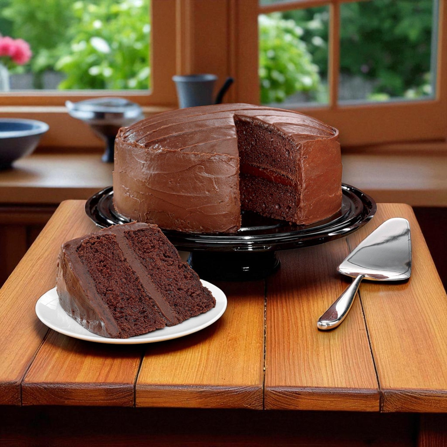 Portillo's Famous Chocolate Cake & Garrett Popcorn Garrett Mix Combo by Garrett is served: a round chocolate cake on a stand, with a slice beside it and classic popcorn mix—Sweet Chicago Treats that celebrate iconic Chicago desserts.