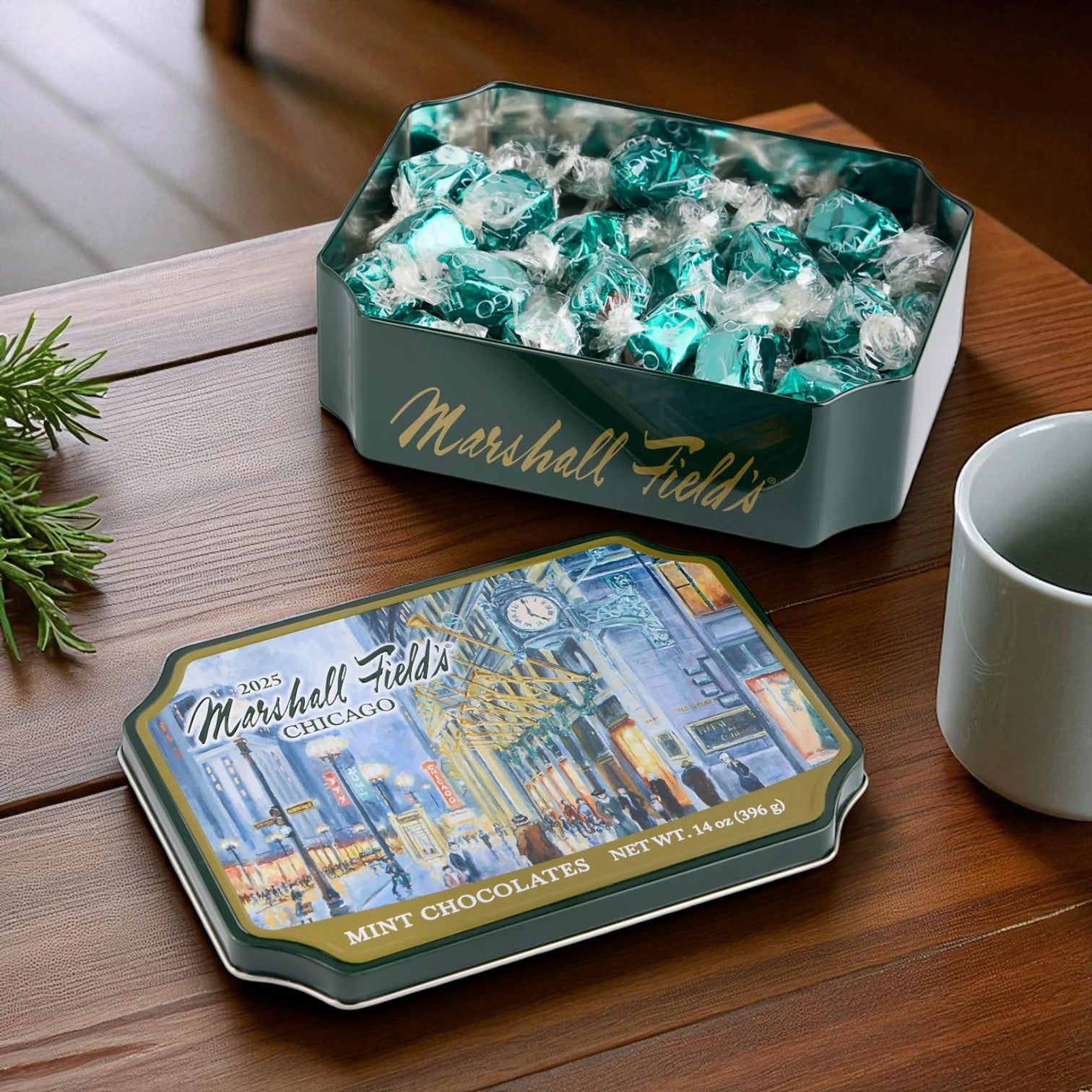 Marshall Field's Holiday Clock Tin Milk Mint Chocolates (14 oz) & Lou Malnati's Deep Dish Cheese Pizza (23 oz) – Chicago Classic Pairing