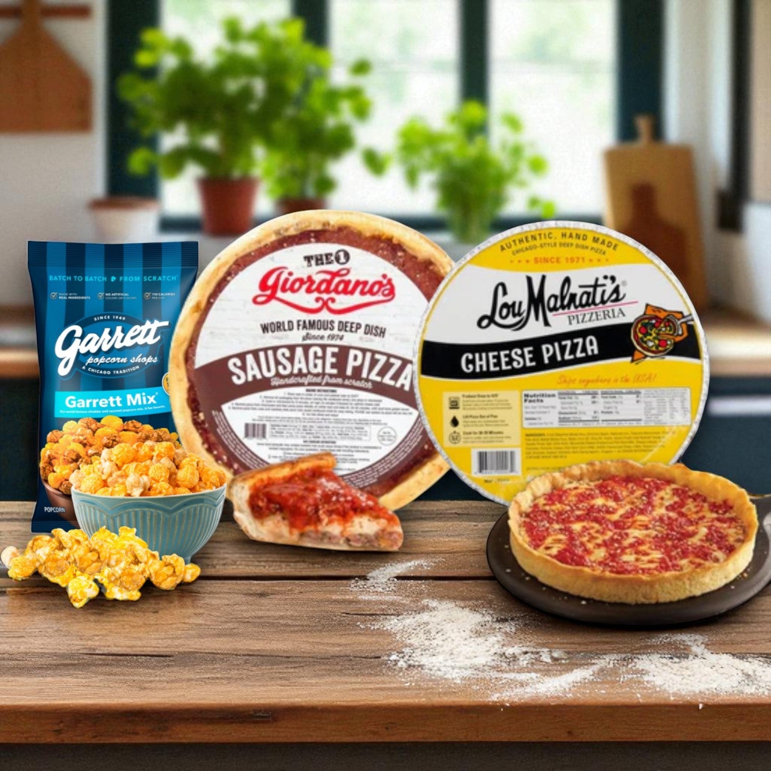 Chicago Classics Trio – Lou Malnati’s Cheese Deep Dish, Giordano’s Sausage Deep Dish & Garrett Popcorn Mix