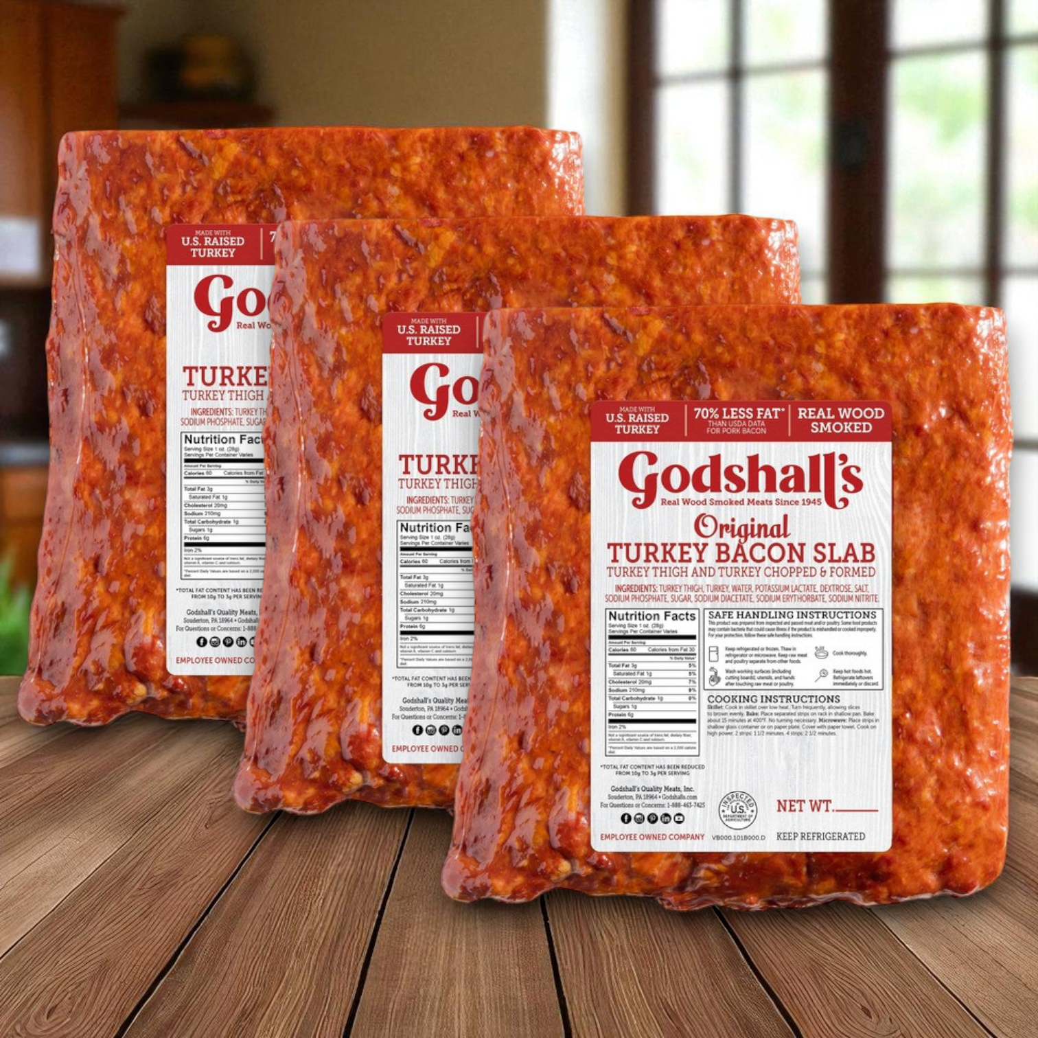 Three packs of Endless Market Godshall’s Turkey Bacon Slab (approx. 6 lbs each) are displayed on a wooden surface, highlighting premium slab-style turkey bacon ideal for any meal.