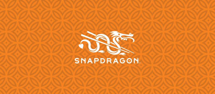 White stylized dragon logo with "SNAPDRAGON" text on an orange background with a repeating geometric pattern.