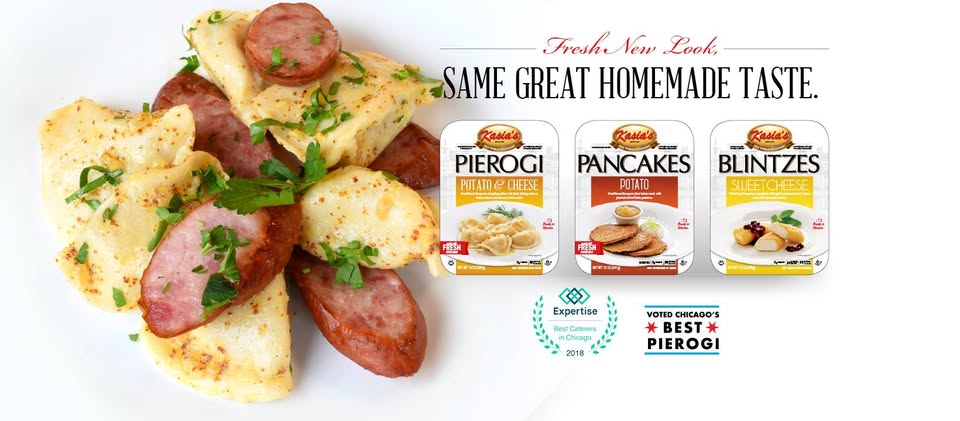 Plate of pierogi and sliced sausage garnished with herbs. Text promotes a new packaging look. Three boxes: Pierogi, Pancakes, Blintzes. Awards and recognition details displayed.