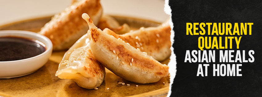 Plate of dumplings with a side of dipping sauce next to text: "Restaurant quality Asian meals at home.