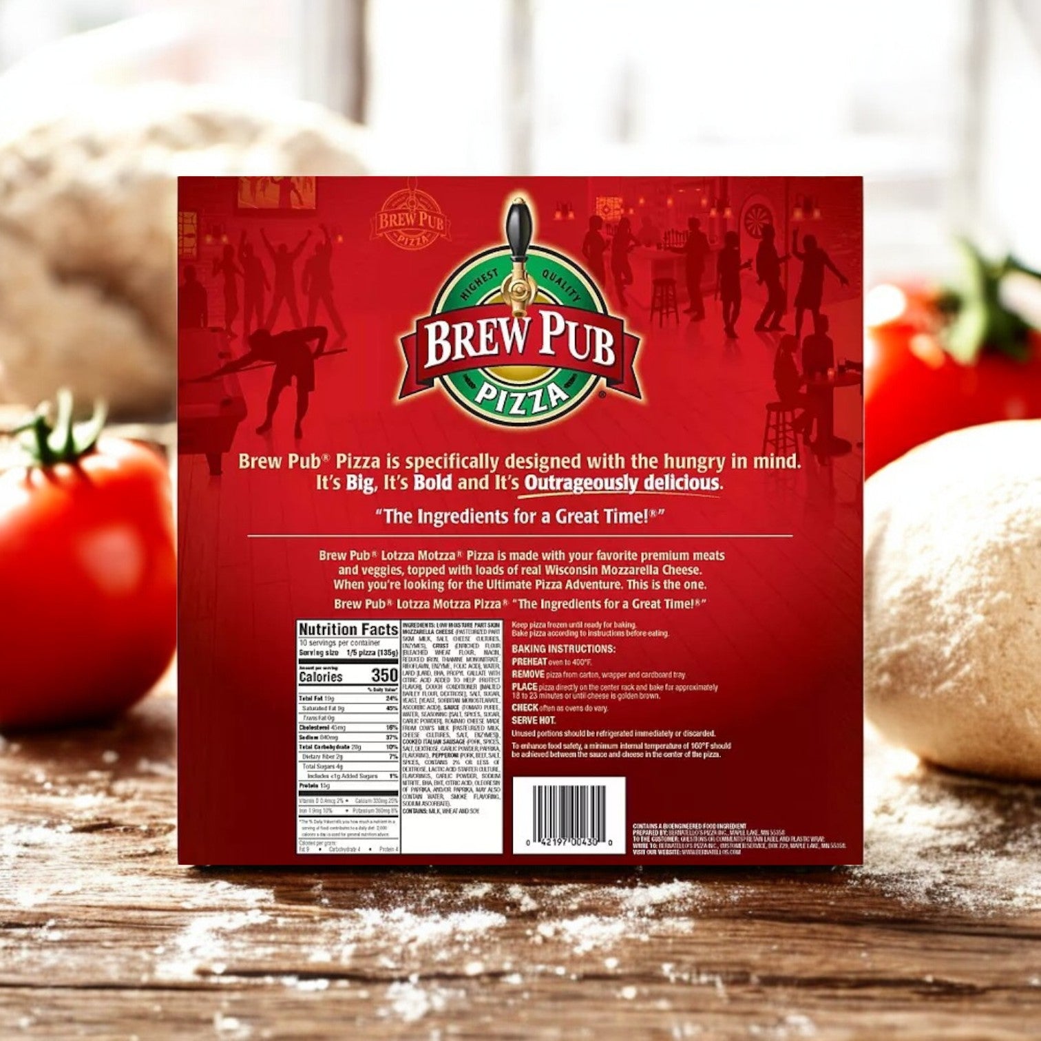 The back of a Bernatello's Pizza Brew Pub Lottza Motzza Sausage and Pepperoni Pizza box features the logo, tagline, ingredients, and nutrition info. The background displays tomatoes, dough, and a blurred kitchen scene. Topped with Wisconsin mozzarella cheese and available in a convenient 2-pack!.