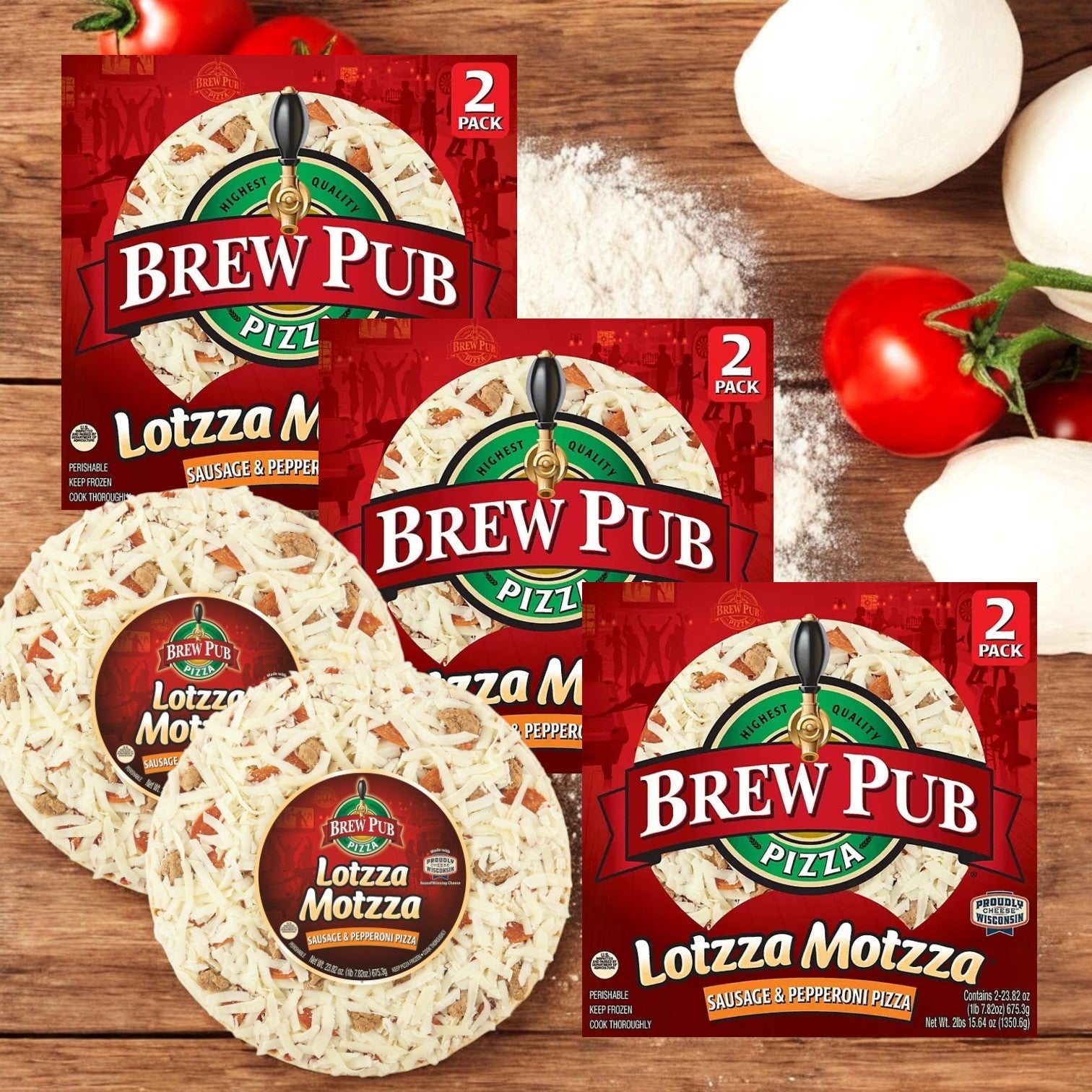 Six Brew Pub Lotzza Motzza Sausage and Pepperoni pizzas with rich Wisconsin mozzarella from Brew Pub Lott, featuring cheese and tomatoes in the background.