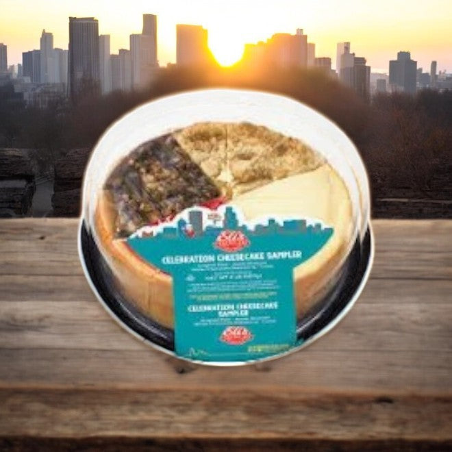 Elis Cheesecake Sampler by Easy Lunches comes in a clear container, featuring a Chicago skyline and sunset backdrop.