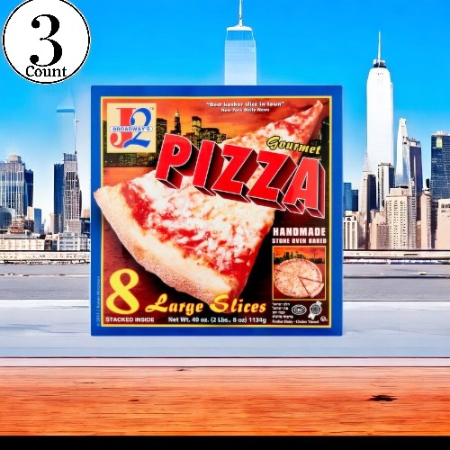 The pizza box, labeled "J2 Broadway's Large Slices Gourmet Pizza-3 Count" by J2L Broadway, showcases enticing images of generous slices set against a city skyline backdrop, promising inventive combinations made with top-quality ingredients.