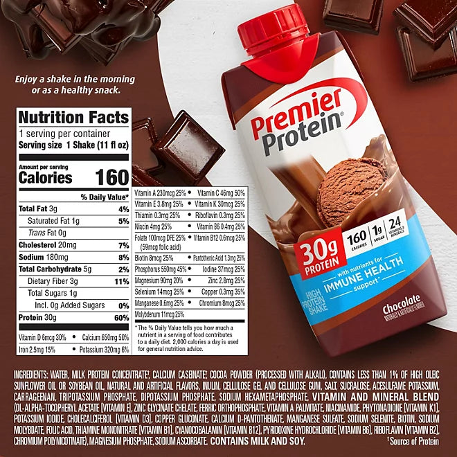 The Premier Protein 30g High Protein Shake, Chocolate, available in a 15-pack case of 11 fl. oz. each, is perfect as a protein shake or meal replacement. It delivers 30g of protein, contains 160 calories, and includes 24 essential vitamins and minerals. Savor one in the morning or as a nutritious snack from Premier Protein.