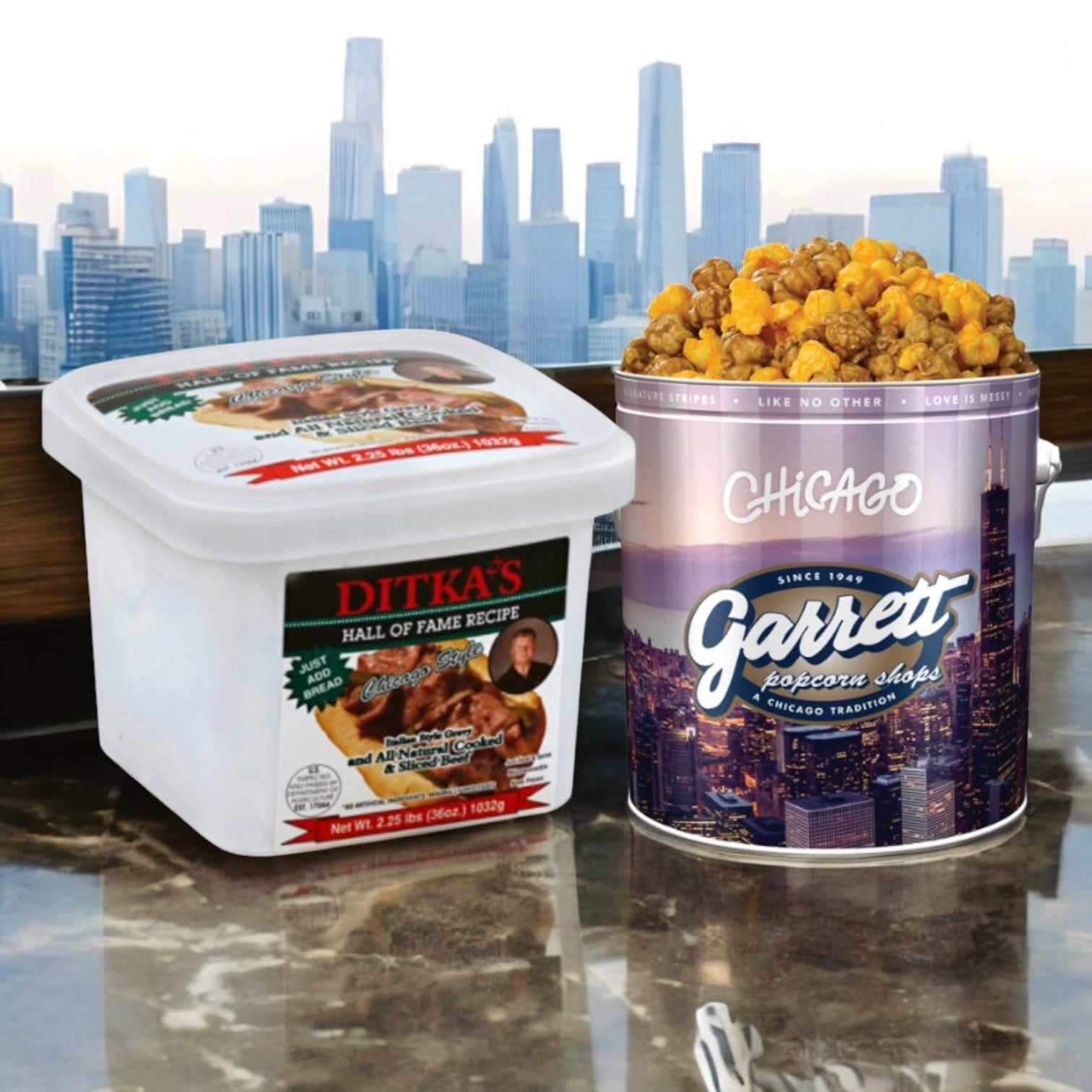 The table features a Vienna Beef Garrett Mix & Ditka Italian Beef combo, perfectly capturing the essence of Chicago Style against a stunning city skyline backdrop.