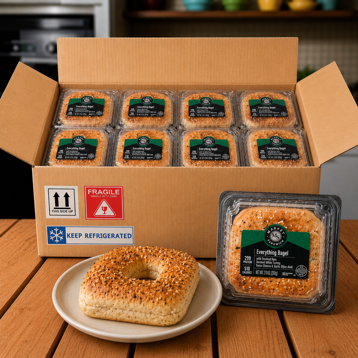 Market Sandwich Everything Bagel, Ham, Turkey, Swiss Cheese, And Garlic Dijon Aioli Sandwich, 7.1 oz.  8 Sandwiches per Case