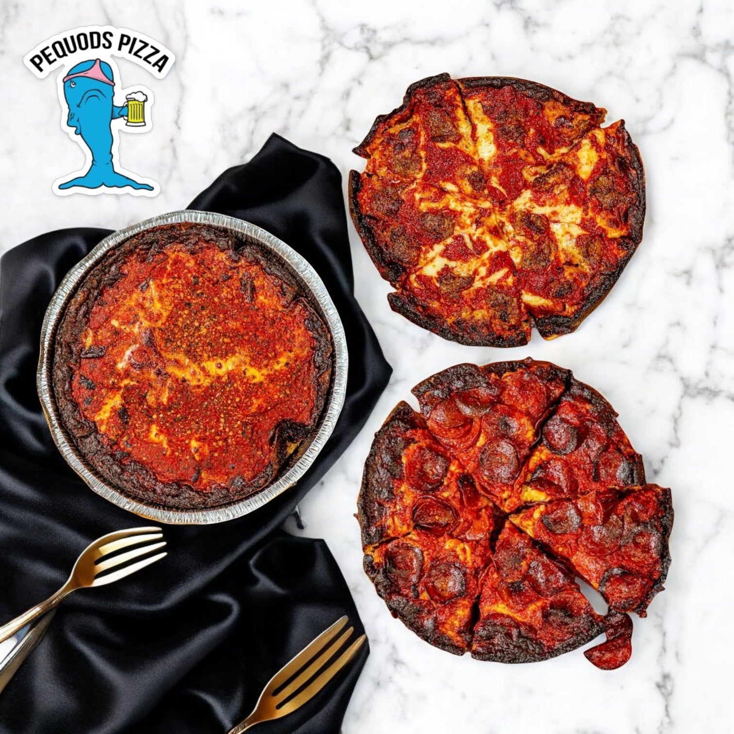 Three Pequod Pizza's Deep Dish Pizzas from the 3-Pack Combo (Cheese, Pepperoni & Sausage) sit on a marble surface, with one in a pan. A black cloth and gold forks complement the setup.