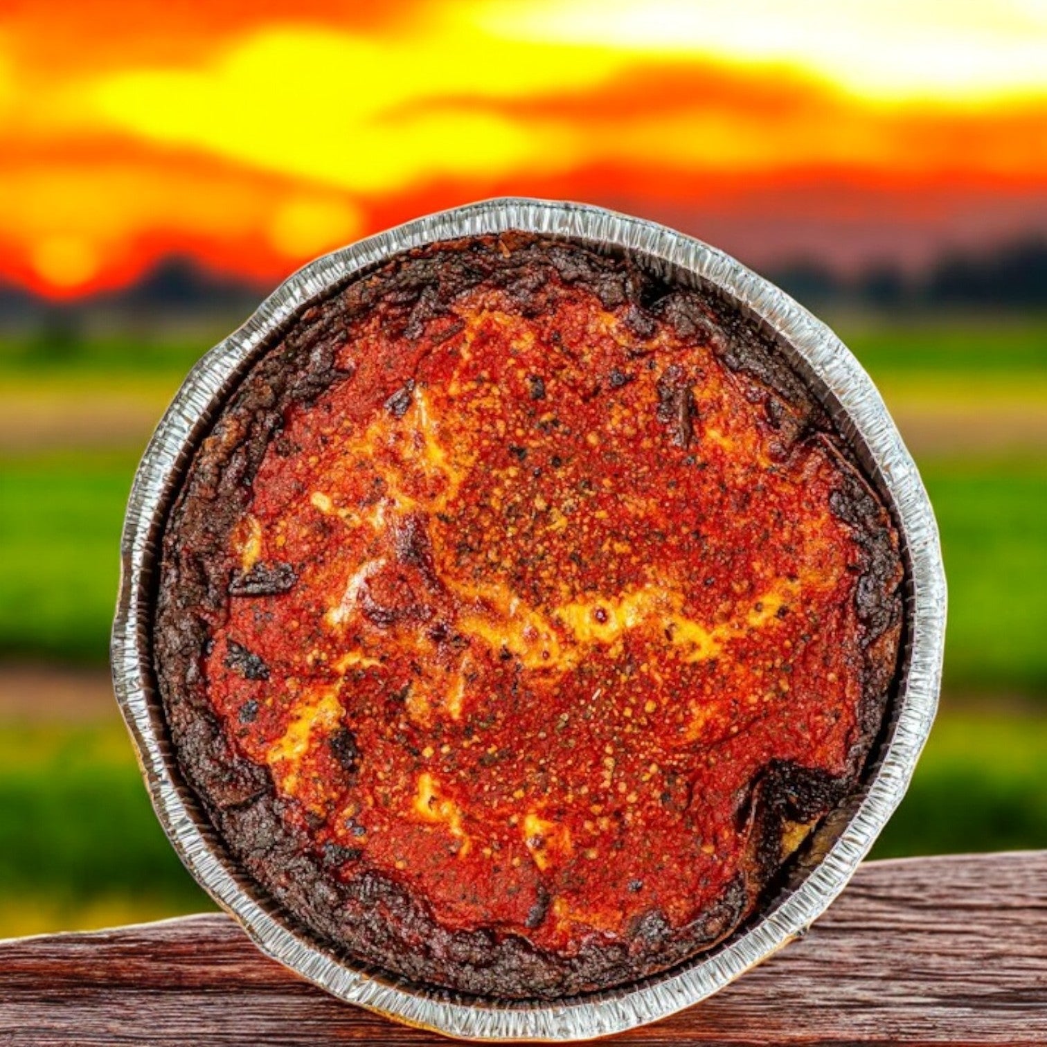 Against a blurred backdrop of a vibrant sunset and green fields, a Pequod Pizza Cheese Deep Dish, 2" tall with a crispy, caramelized crust, sits on the wooden surface.
