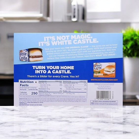 The back of a White Castle Microwaveable Hamburgers - 6 Count-3 Pack box displays an image of the sliders, product description, nutritional facts, and the website URL.
