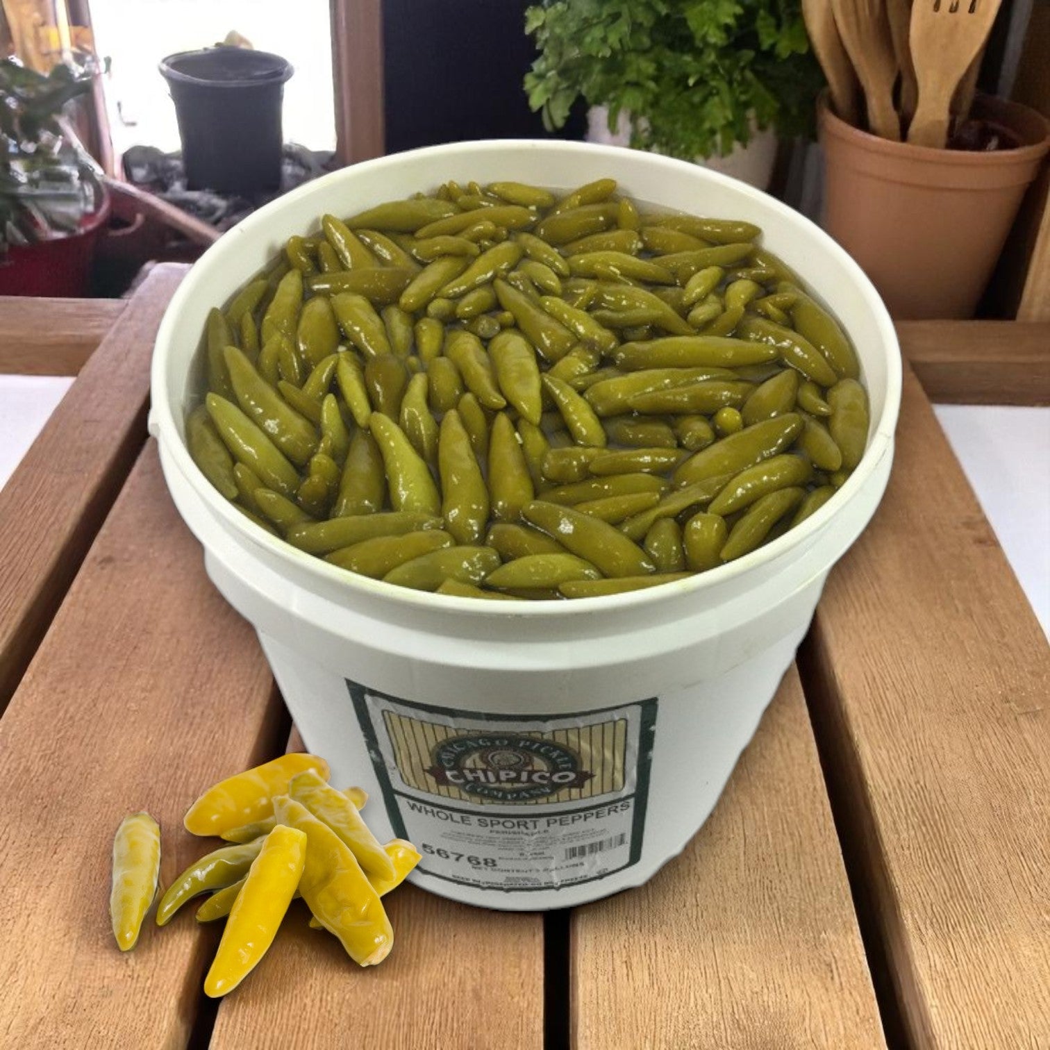 A 2-gallon container of Chipico Mild Sport Peppers by Vienna Beef sits on a wooden surface, filled with whole pickled peppers in brine, with a few green chiles placed beside it—ideal for Chicago-style hot dogs.