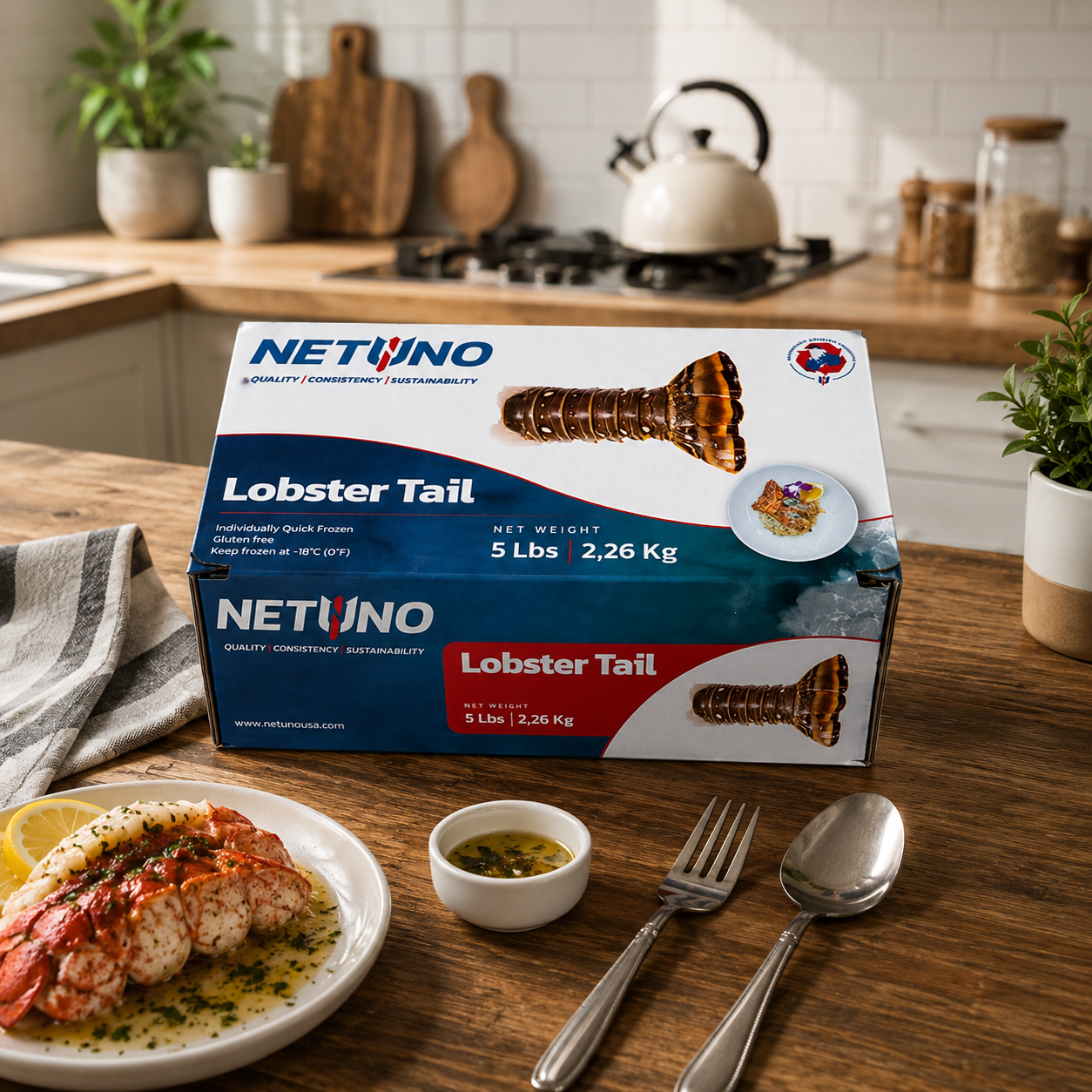 NETUNO Caribbean Lobster Tails – Deveined, Flash Frozen, 10–12 oz Each, 5 lb Box, 1 Case