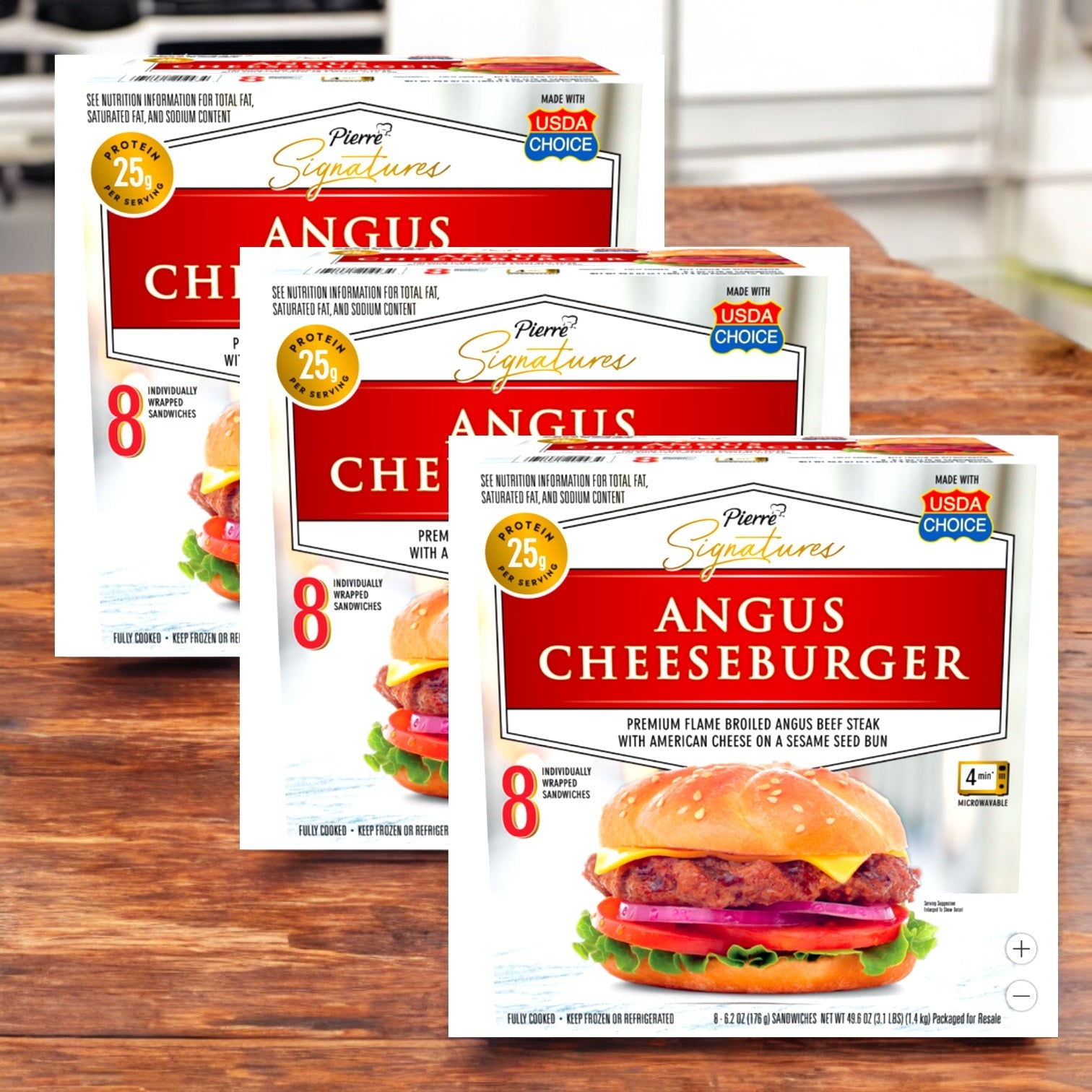Three boxes of Tyson Pierre Signature Angus Cheeseburger 8 Count, 3 Pack are displayed in a row, each showing an image of a premium Angus beef cheeseburger and highlighting the individually wrapped burgers inside.