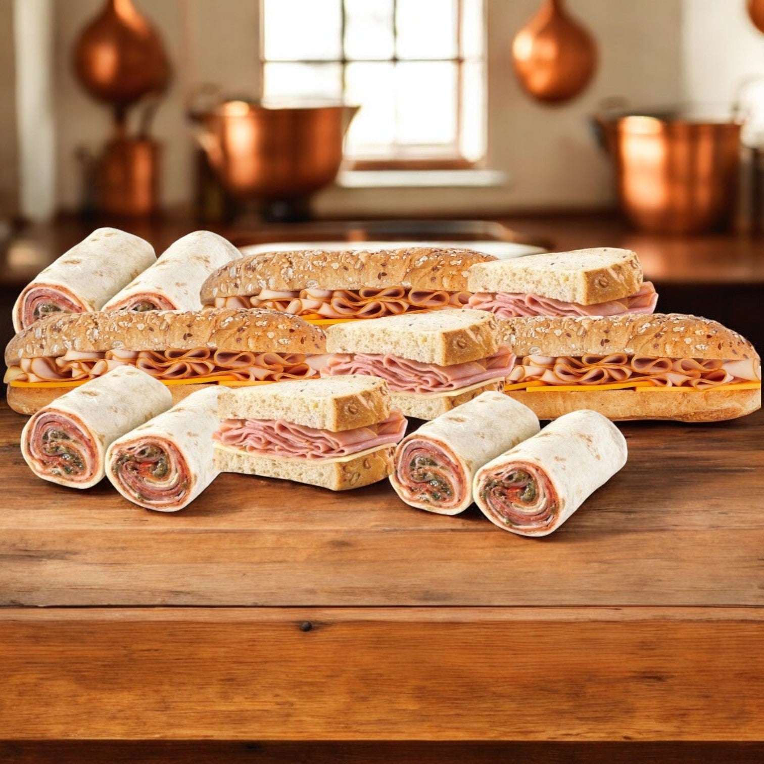 Easy Lunches' Variety Sandwich Pack, featuring 9 different sub sandwiches and Italian Style Wraps stuffed with meats and cheeses, is displayed on a wooden table against a kitchen backdrop with pots and a window.