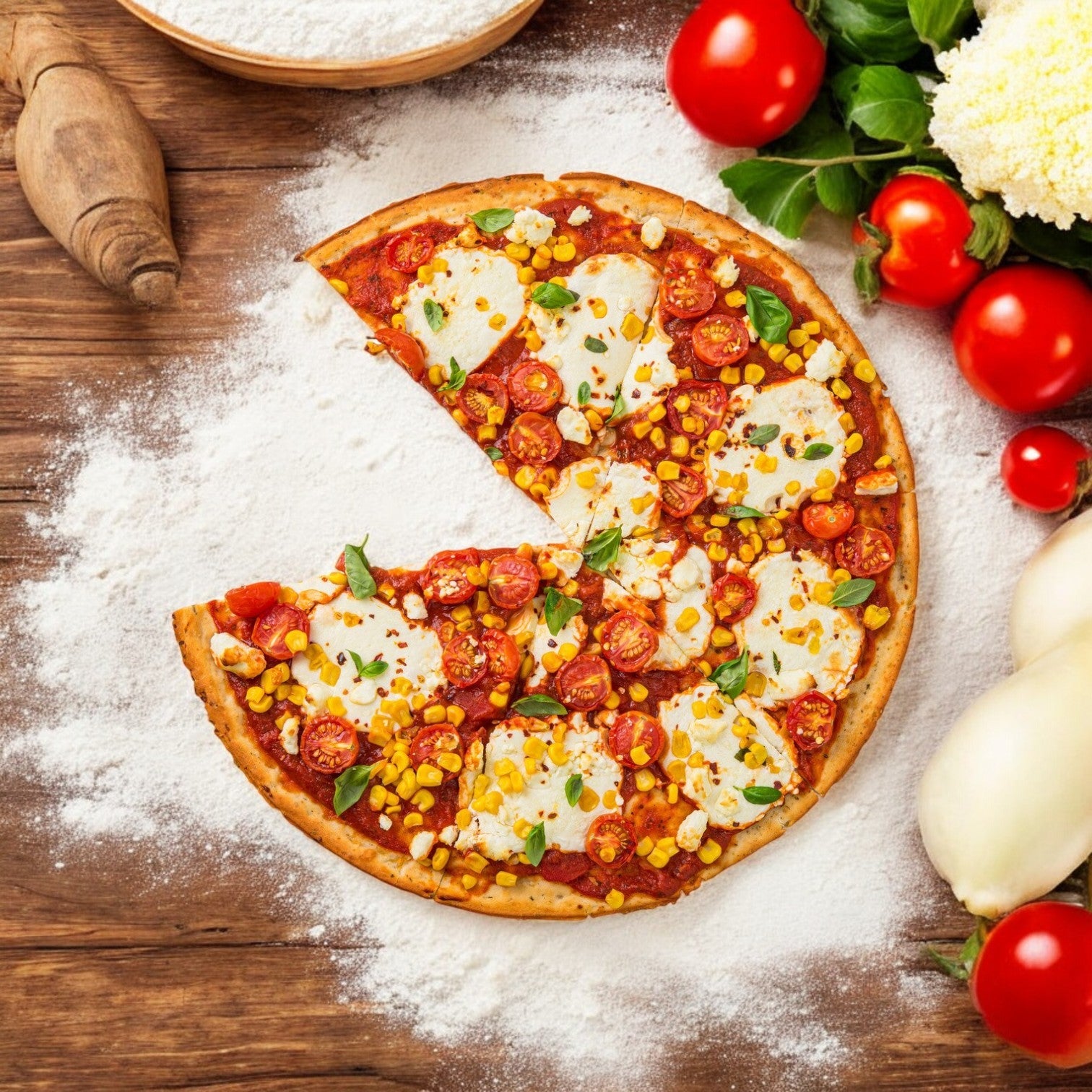 A slice-missing pizza topped with mozzarella, cherry tomatoes, corn, and basil sits on Rich's Cauliflower Gluten-Free Pizza Crust 10" amid flour, tomatoes, and cheese on a wooden surface.