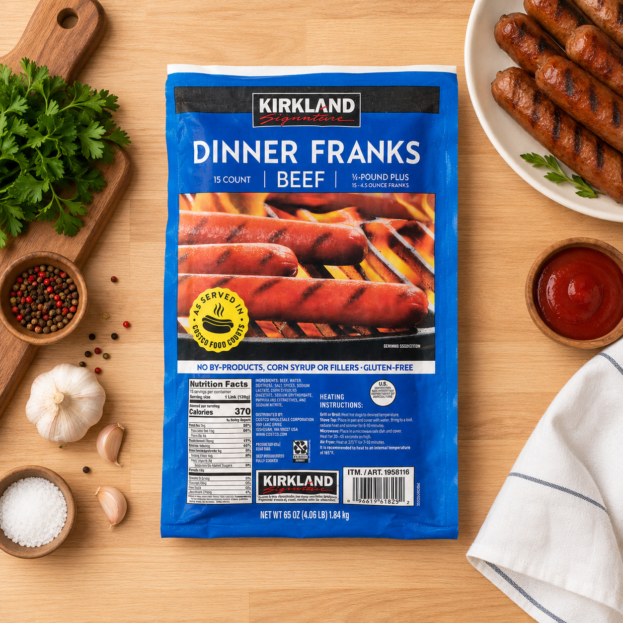 Kirkland Signature Beef Dinner Franks – 4.3 oz each, 15 Franks per Pack, 3 Packs per Case